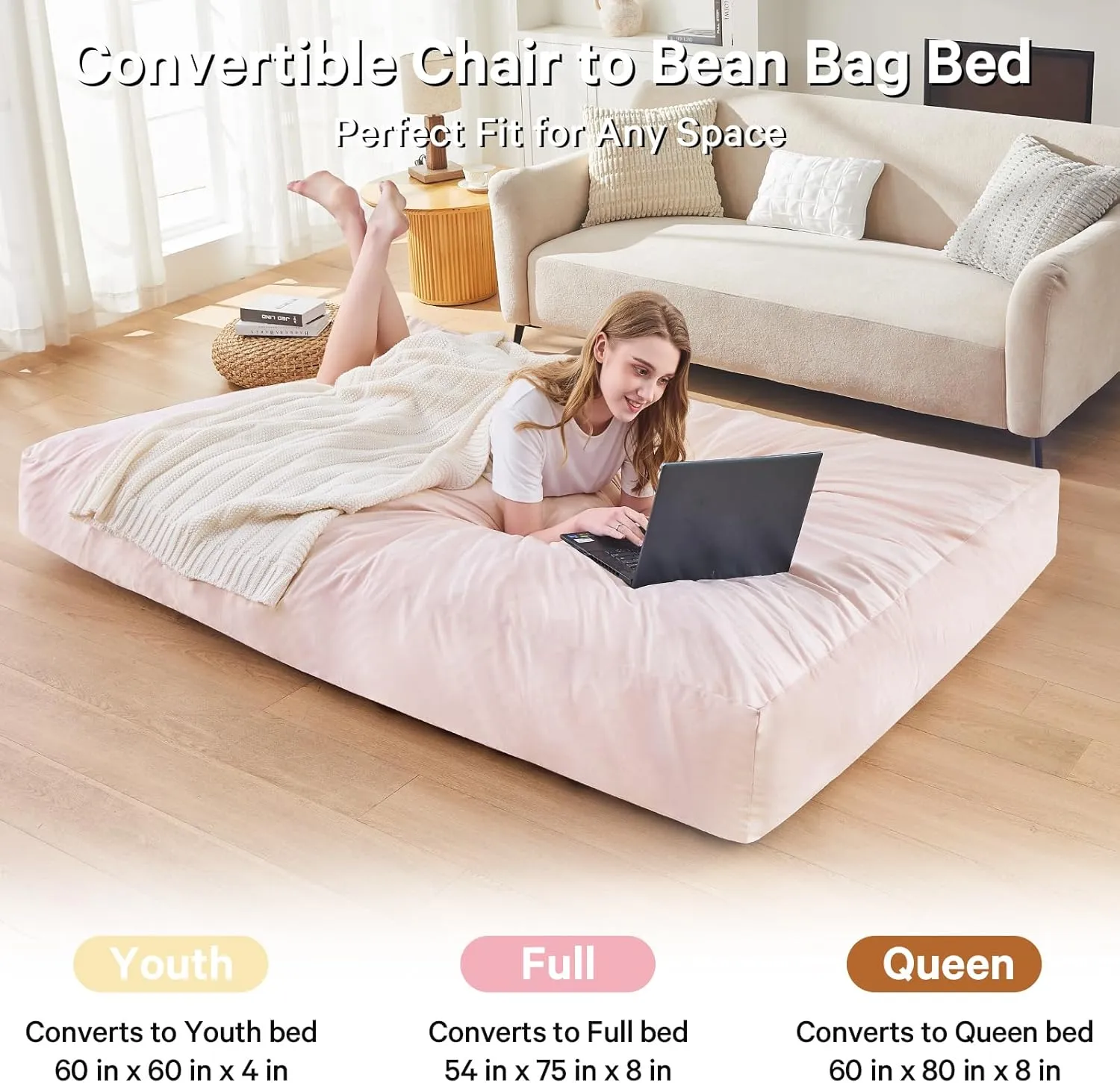 Bean Bag Chairs for Adults - Giant Bean Bag Chair Convertible Bean Bag Bed - Beanbag Chair with Micro Fiber Cover/Furniture Foam Filler - Floor Couch Sofa in Bedroom Dorm Room - Queen Pink