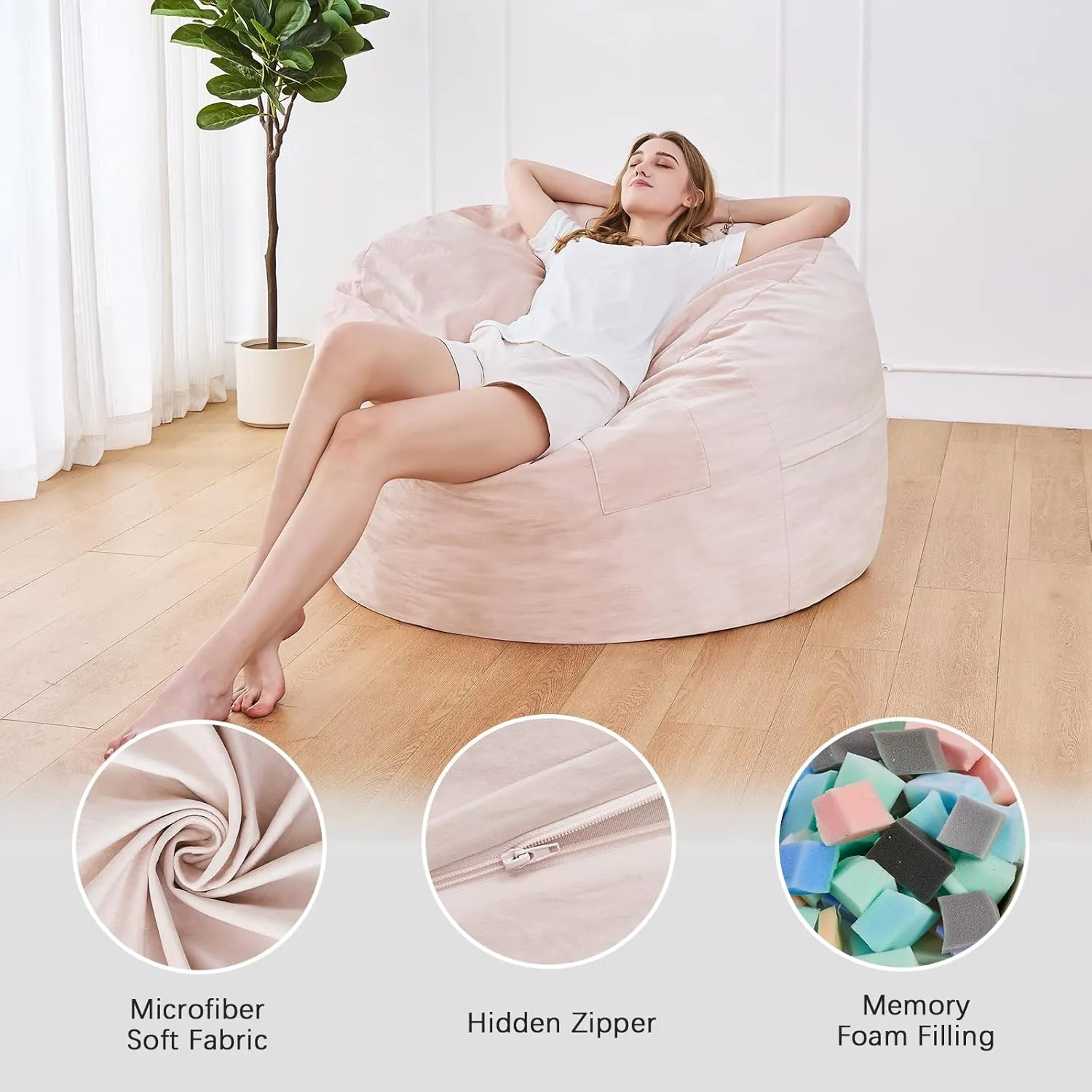 Bean Bag Chairs for Adults - Giant Bean Bag Chair Convertible Bean Bag Bed - Beanbag Chair with Micro Fiber Cover/Furniture Foam Filler - Floor Couch Sofa in Bedroom Dorm Room - Queen Pink