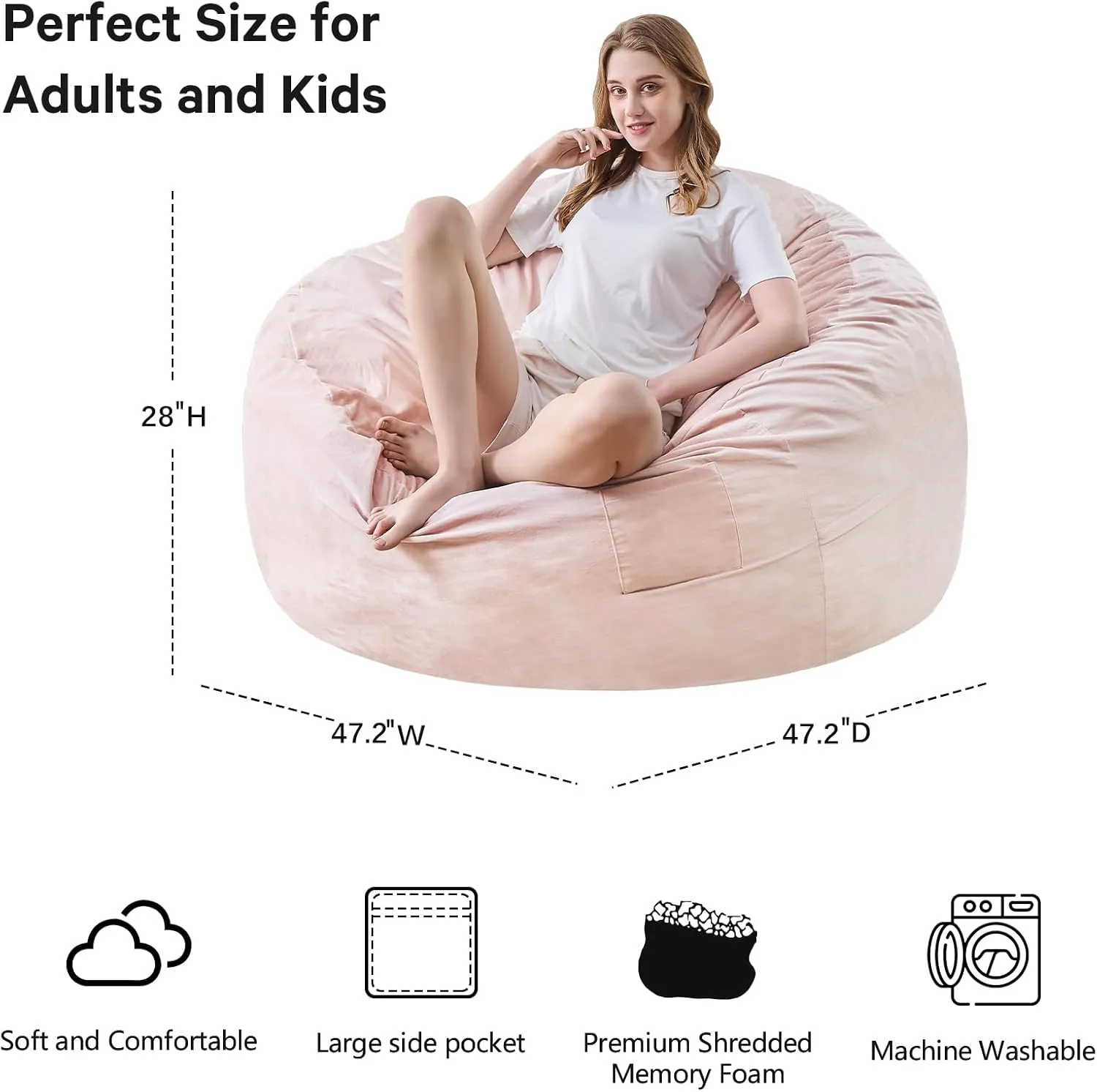 Bean Bag Chairs for Adults - Giant Bean Bag Chair Convertible Bean Bag Bed - Beanbag Chair with Micro Fiber Cover/Furniture Foam Filler - Floor Couch Sofa in Bedroom Dorm Room - Queen Pink