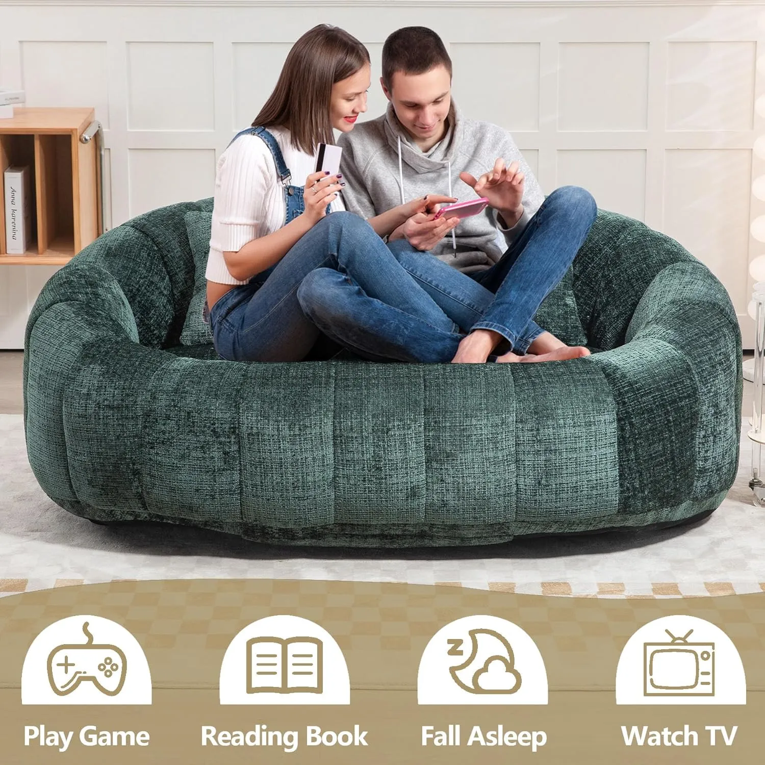 Bean Bag Sofa, Giant Bean Bag Loveseat with Pillows, Floor Lounger for Adults, Lazy Sofa with Foam Padding for Indoor (Emerald Green)