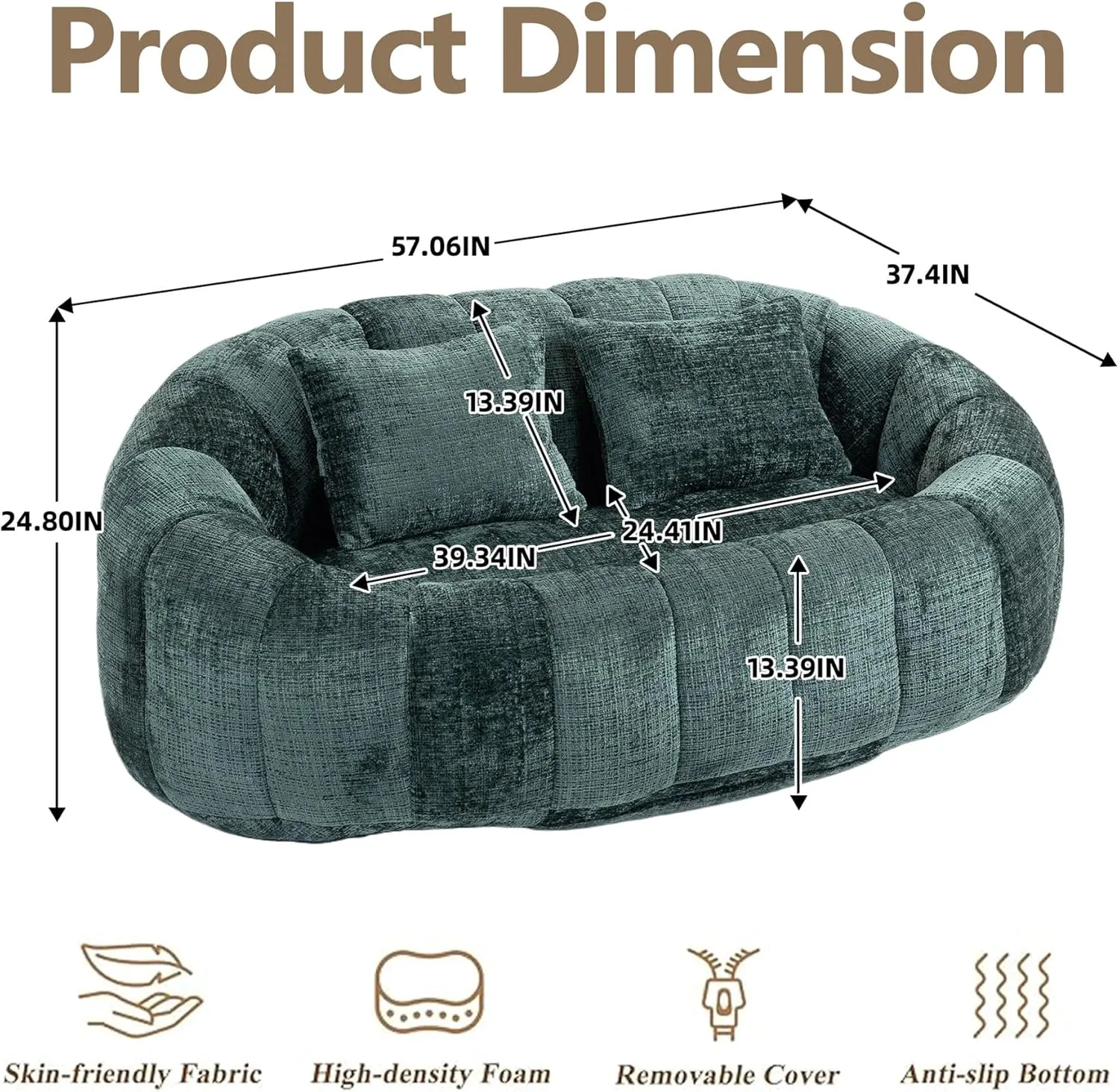 Bean Bag Sofa, Giant Bean Bag Loveseat with Pillows, Floor Lounger for Adults, Lazy Sofa with Foam Padding for Indoor (Emerald Green)