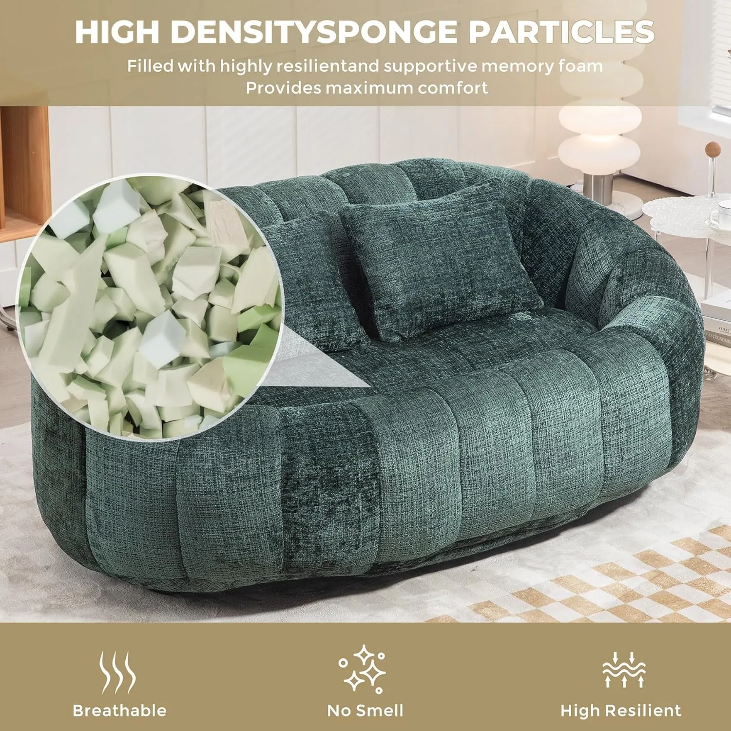Bean Bag Sofa, Giant Bean Bag Loveseat with Pillows, Floor Lounger for Adults, Lazy Sofa with Foam Padding for Indoor (Emerald Green)