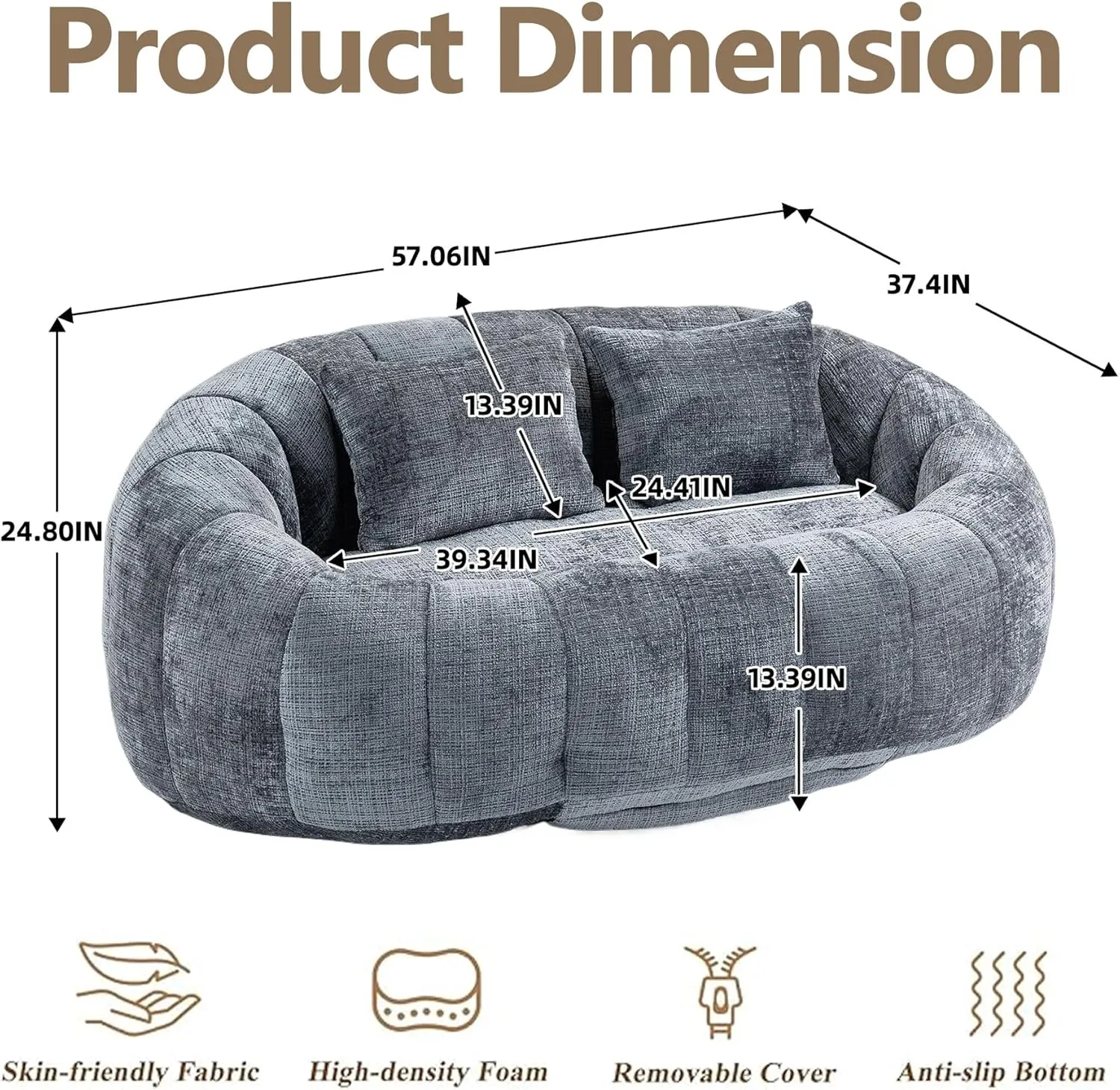 Bean Bag Sofa, Giant Bean Bag Loveseat with Pillows, Floor Lounger for Adults, Lazy Sofa with Foam Padding for Indoor (Gray)