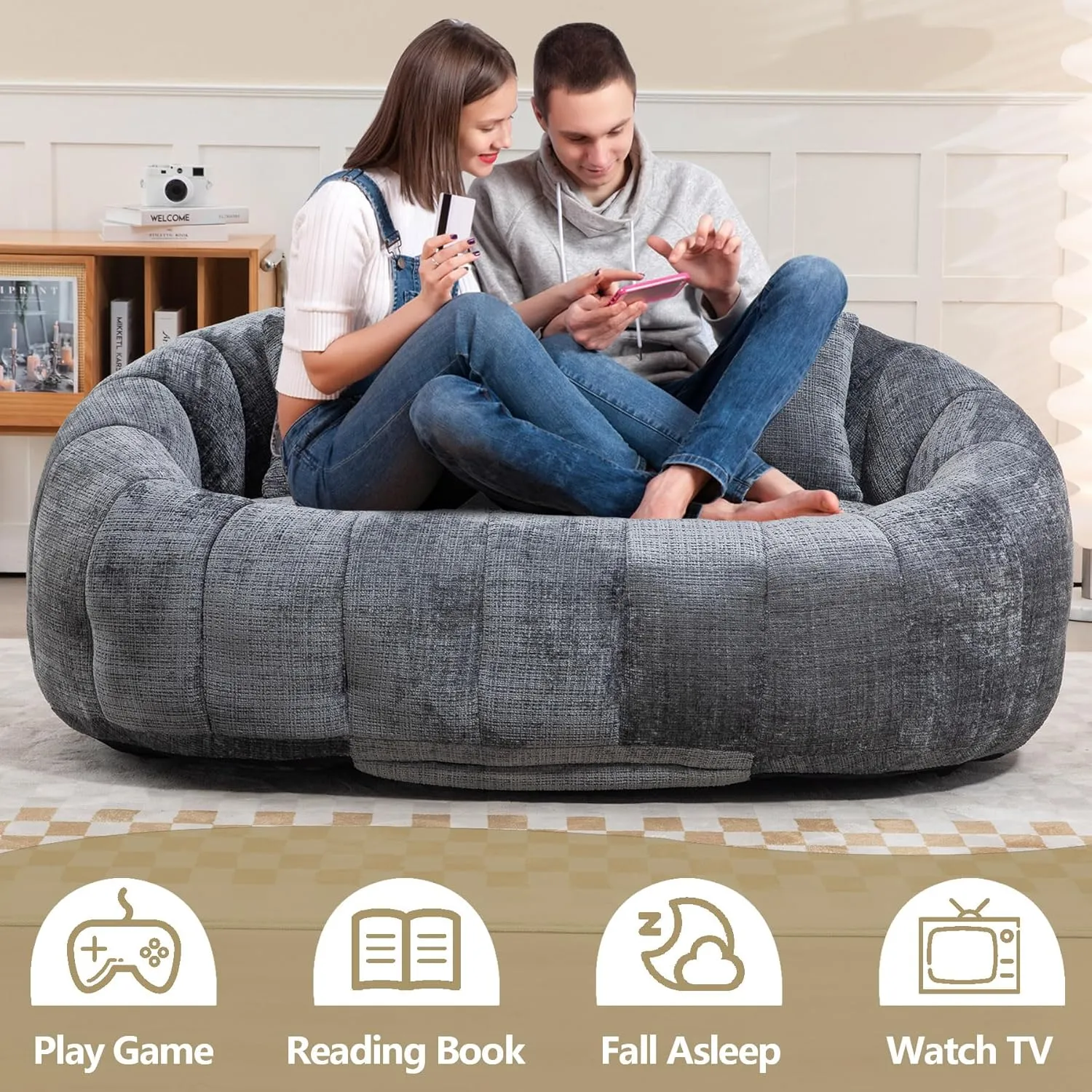 Bean Bag Sofa, Giant Bean Bag Loveseat with Pillows, Floor Lounger for Adults, Lazy Sofa with Foam Padding for Indoor (Gray)
