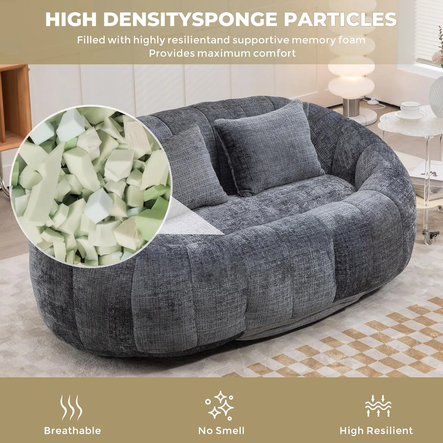 Bean Bag Sofa, Giant Bean Bag Loveseat with Pillows, Floor Lounger for Adults, Lazy Sofa with Foam Padding for Indoor (Gray)
