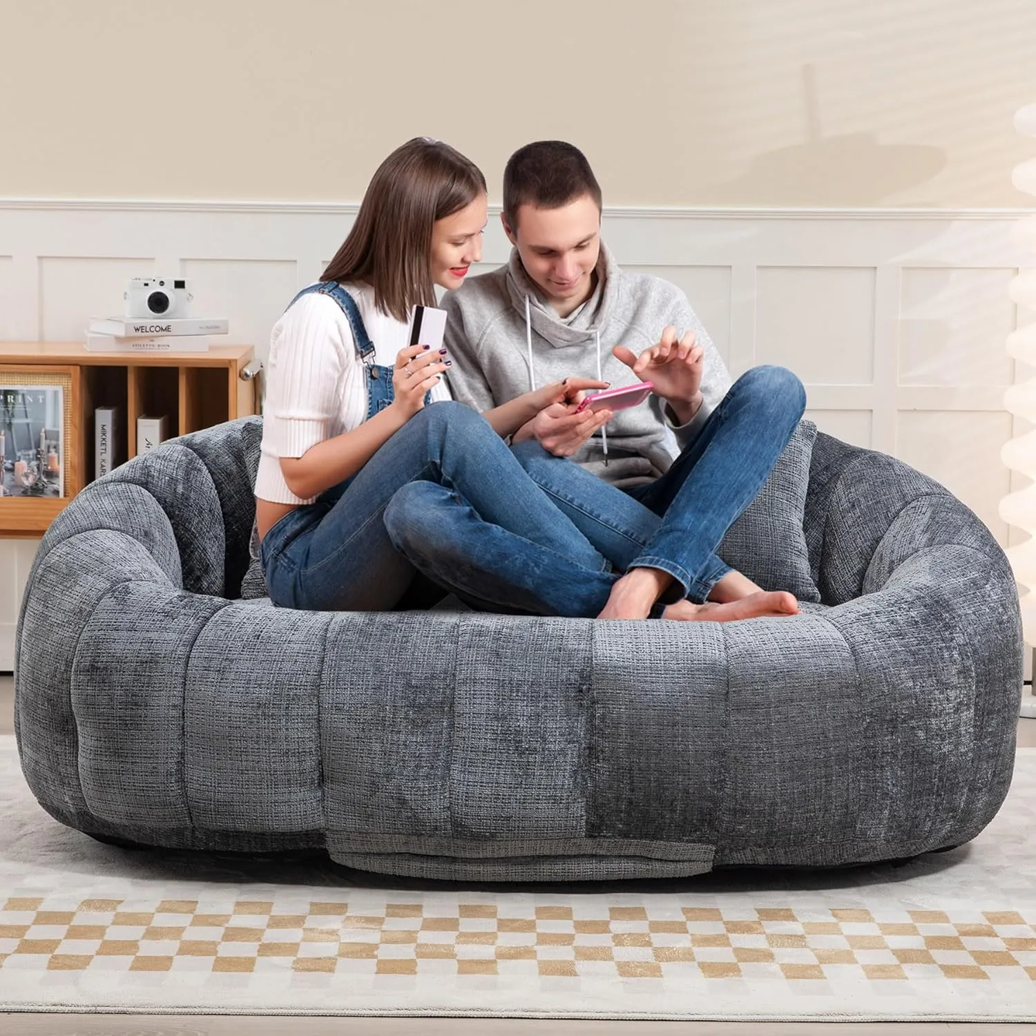 Bean Bag Sofa, Giant Bean Bag Loveseat with Pillows, Floor Lounger for Adults, Lazy Sofa with Foam Padding for Indoor (Gray)