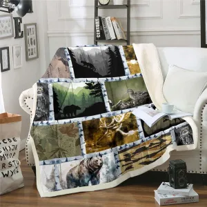 Bear Farmhouse Throw Blanket for Women Men,Duck Elk Deer Wildlife Animals Woodland Blanket Western Decor,Pine Tree Jungle Plant Fleece Blanket Wooden Cabin Farm Country Style Sherpa Blanket 60"x80"
