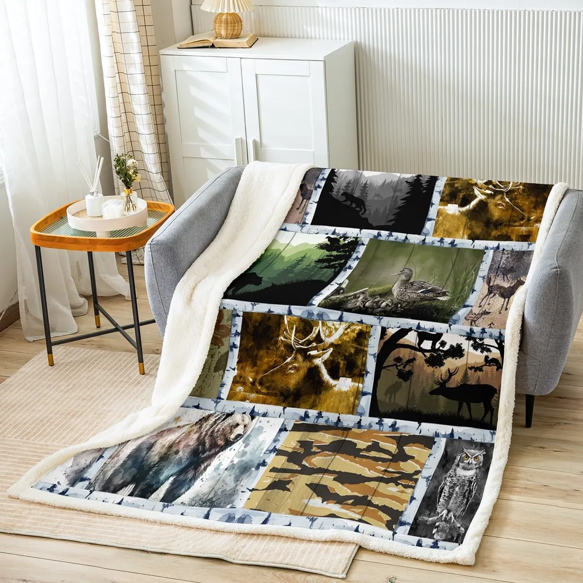 Bear Farmhouse Throw Blanket for Women Men,Duck Elk Deer Wildlife Animals Woodland Blanket Western Decor,Pine Tree Jungle Plant Fleece Blanket Wooden Cabin Farm Country Style Sherpa Blanket 60"x80"