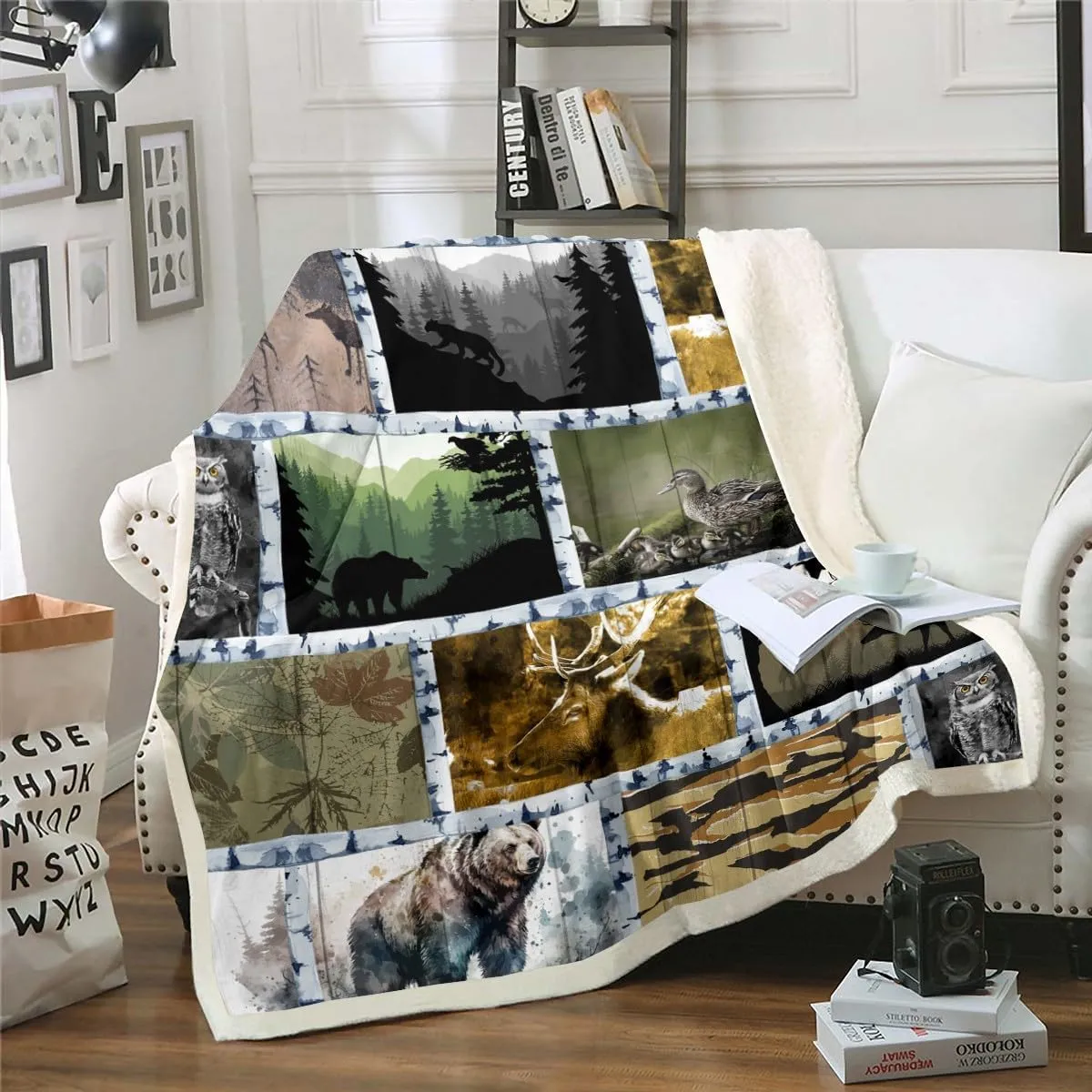 Bear Farmhouse Throw Blanket for Women Men,Duck Elk Deer Wildlife Animals Woodland Blanket Western Decor,Pine Tree Jungle Plant Fleece Blanket Wooden Cabin Farm Country Style Sherpa Blanket 60"x80"