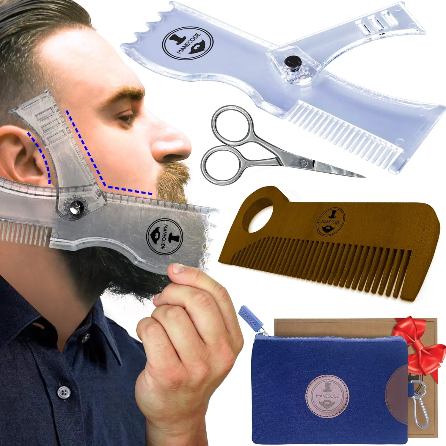 Beard Shaping Kit - Grooming Tools for Men - Adjustable Lineup Template, Premium Wooden Comb, Laser Sharpening Scissors, All in Hygiene Travel Case