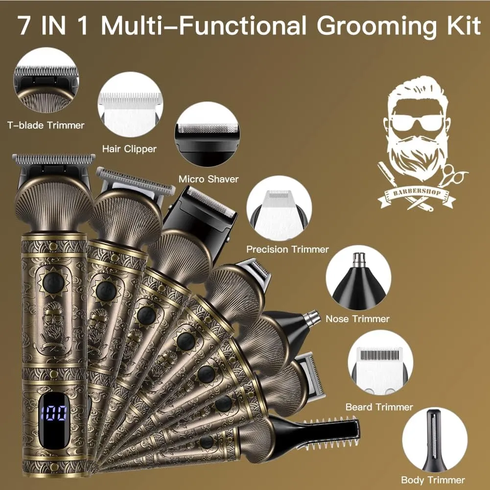 Beard Trimmer Kit Professional Hair Clipper Zero Gapped T-Blade Electric Shaver Razor Nose Body Trimmer for Men Cordless Grooming Kit 7 in 1