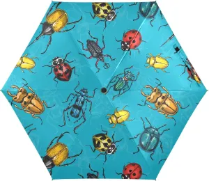 Beetles Bugs Mini Travel Umbrella, Small Compact Windproof Portable Umbrella for Sun and Rain, UPF 50  UV Protection for Women Kids