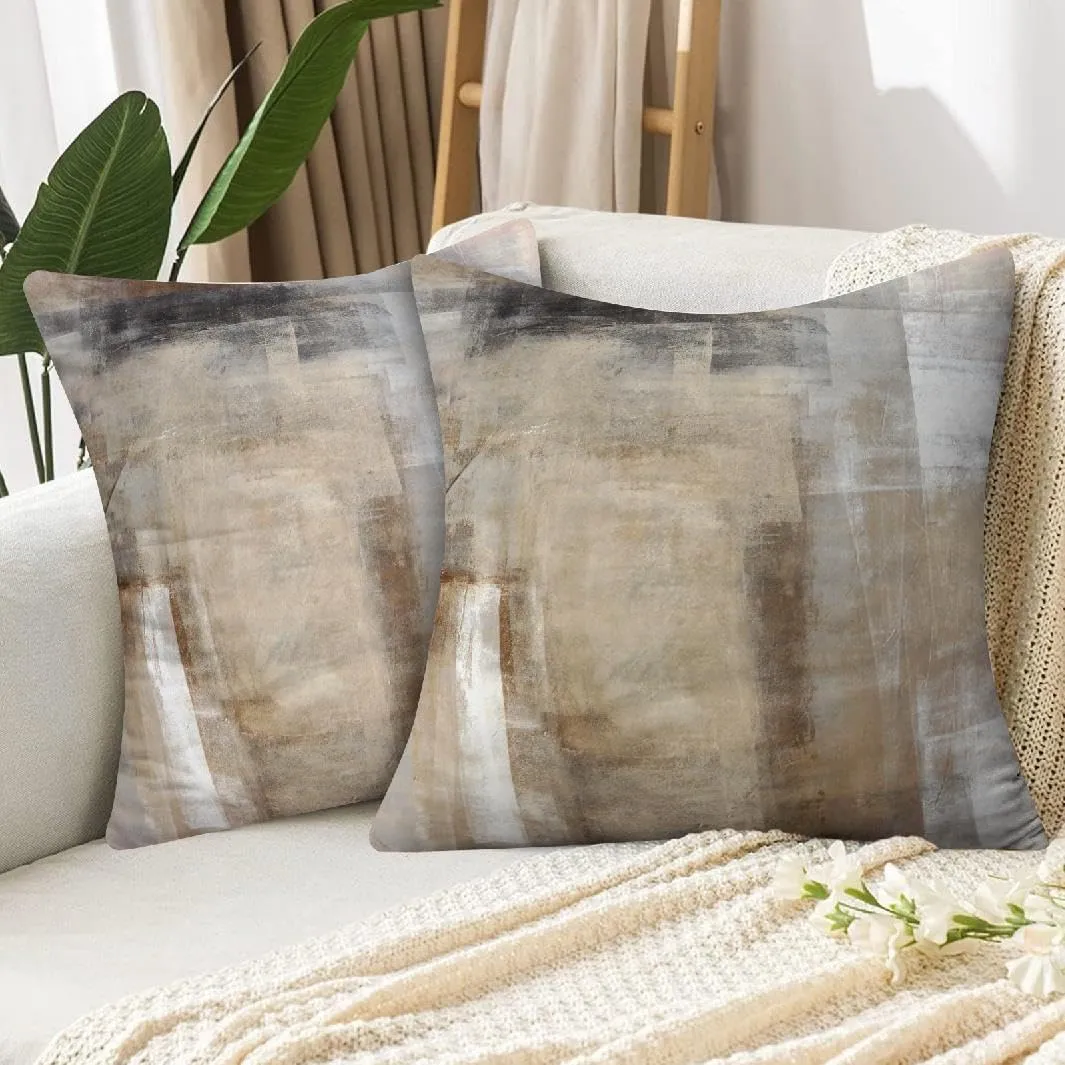 Beige and Grey Pillow Covers 22X22, Brown Abstract Art Painting Aesthetic Square Accent Decorative Throw Pillow Covers, Soft Throw Pillows for Couch Sofa Bedroom Set of 2