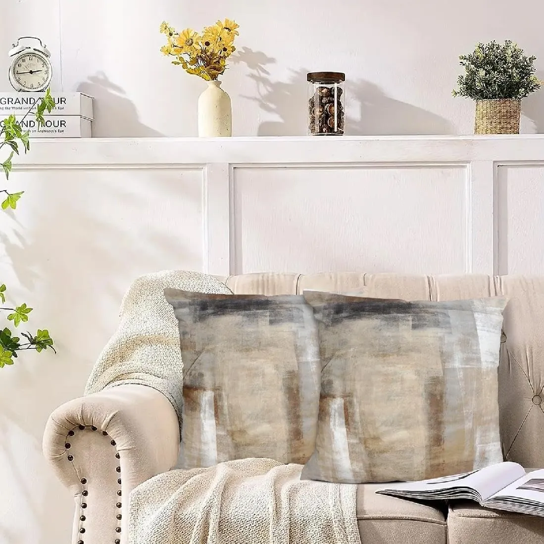 Beige and Grey Pillow Covers 22X22, Brown Abstract Art Painting Aesthetic Square Accent Decorative Throw Pillow Covers, Soft Throw Pillows for Couch Sofa Bedroom Set of 2