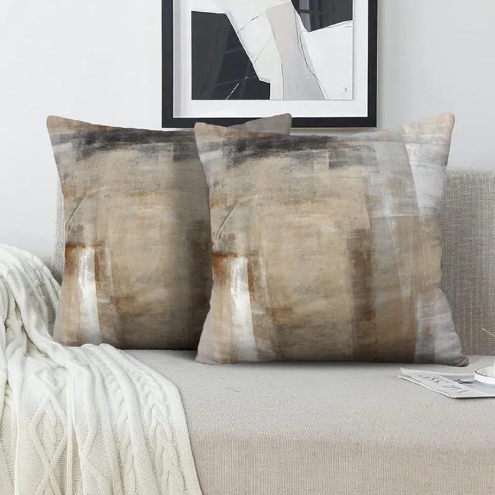 Beige and Grey Pillow Covers 22X22, Brown Abstract Art Painting Aesthetic Square Accent Decorative Throw Pillow Covers, Soft Throw Pillows for Couch Sofa Bedroom Set of 2