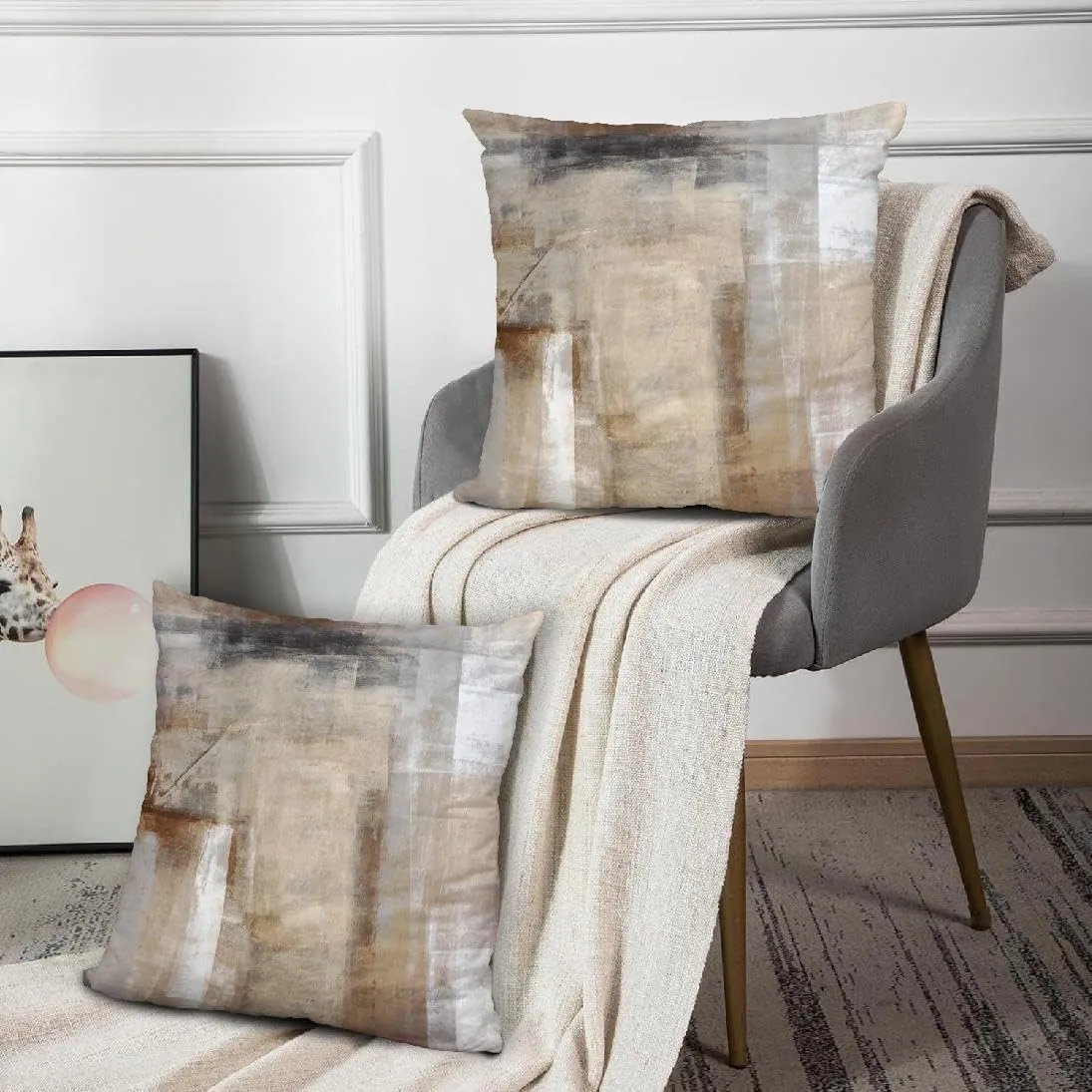 Beige and Grey Pillow Covers 22X22, Brown Abstract Art Painting Aesthetic Square Accent Decorative Throw Pillow Covers, Soft Throw Pillows for Couch Sofa Bedroom Set of 2