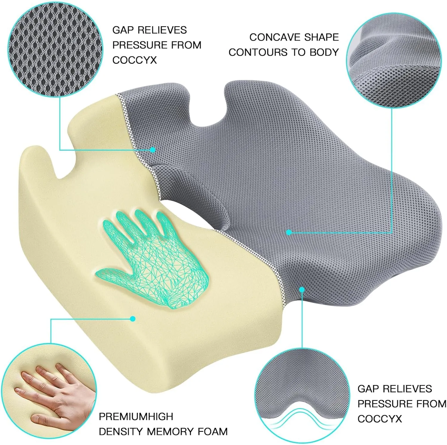 Benazcap X Large Memory Seat Cushion for Office Chair Sciatica & Back Pain Relief Memory Foam Firm Coccyx Pad for Car, Wheelchair, Gaming Chair and Desk Chair, Gray