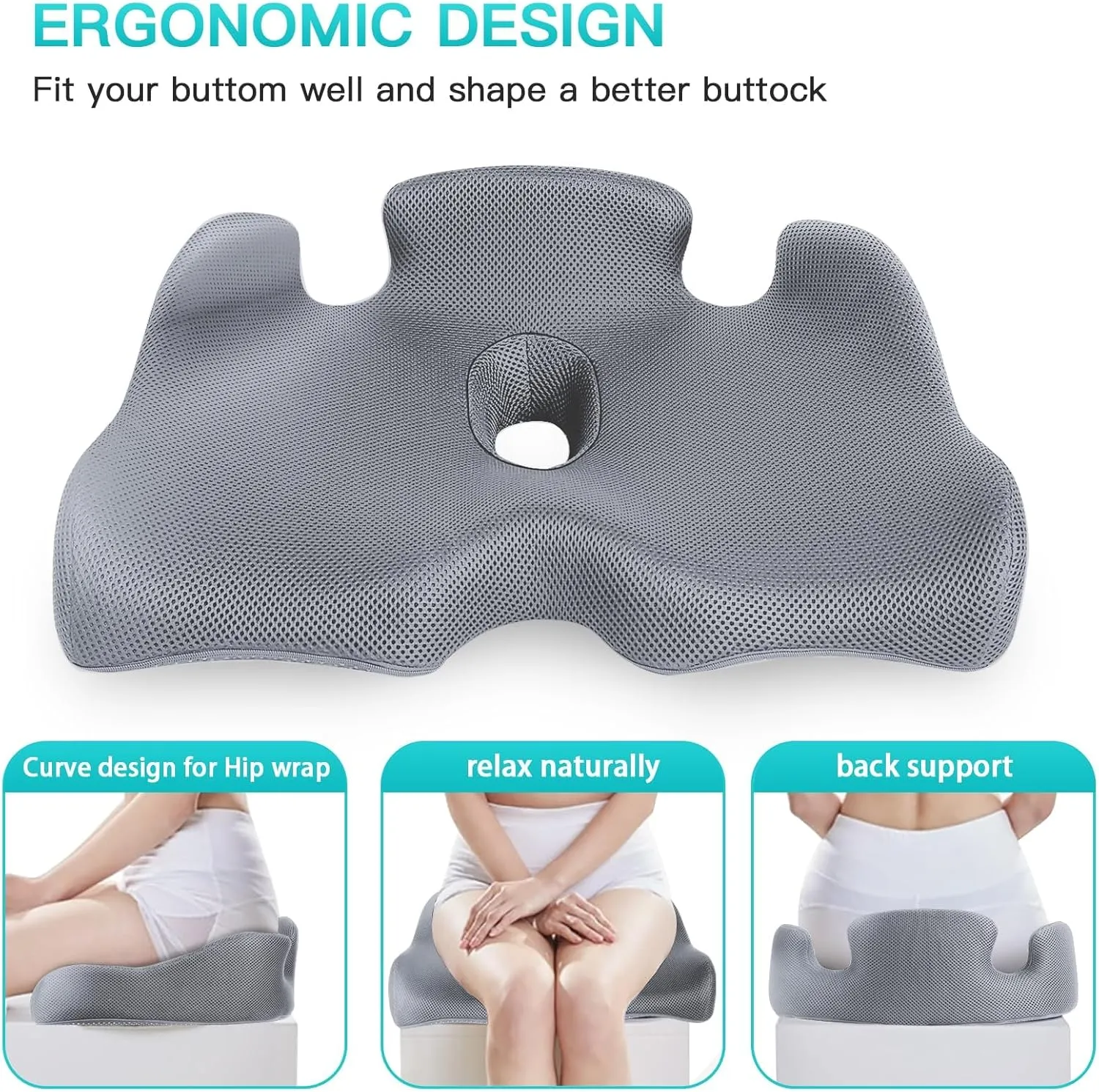 Benazcap X Large Memory Seat Cushion for Office Chair Sciatica & Back Pain Relief Memory Foam Firm Coccyx Pad for Car, Wheelchair, Gaming Chair and Desk Chair, Gray