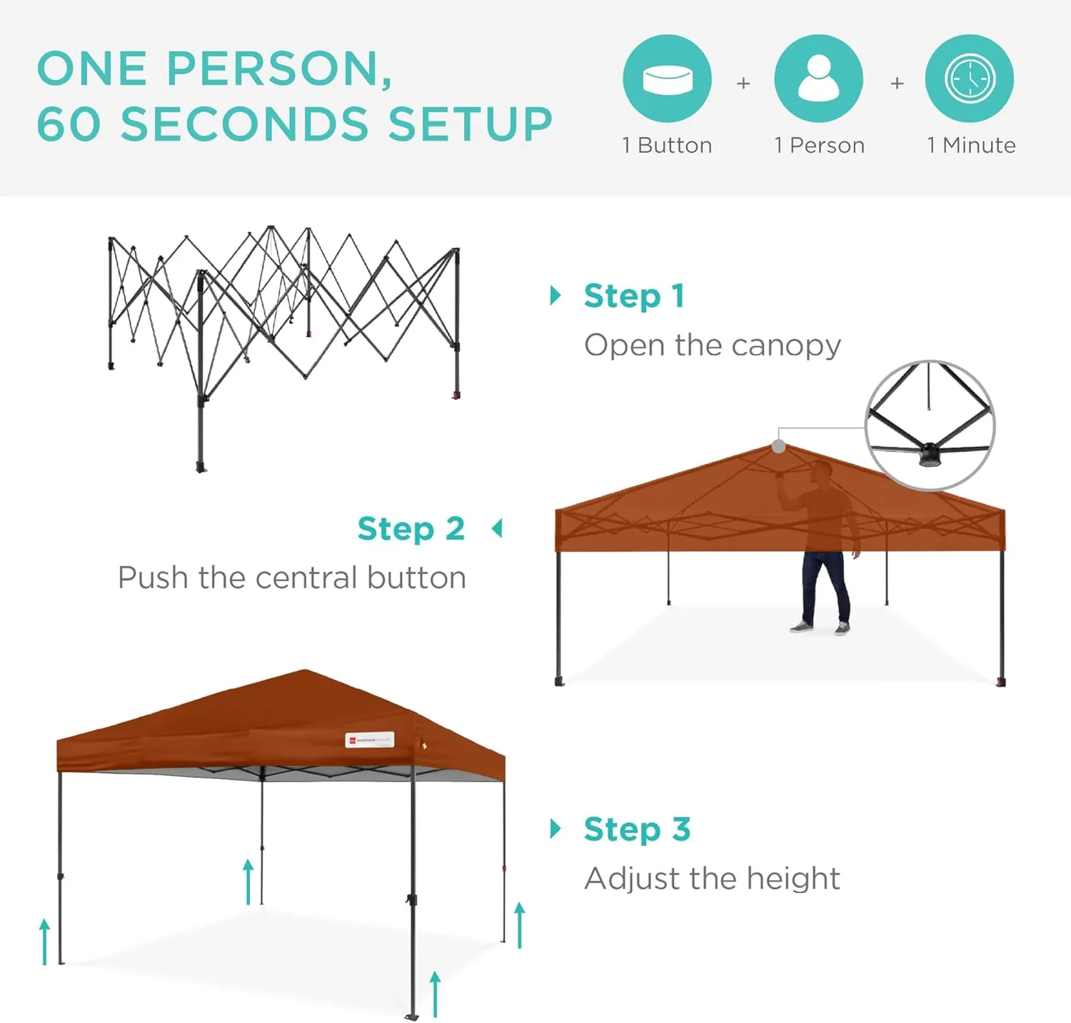 Best Choice Products 12x12ft 1-Person Setup Pop Up Canopy Tent Instant Portable Shelter w/ 1-Button Push, Case, 4 Weight Bags - Rust