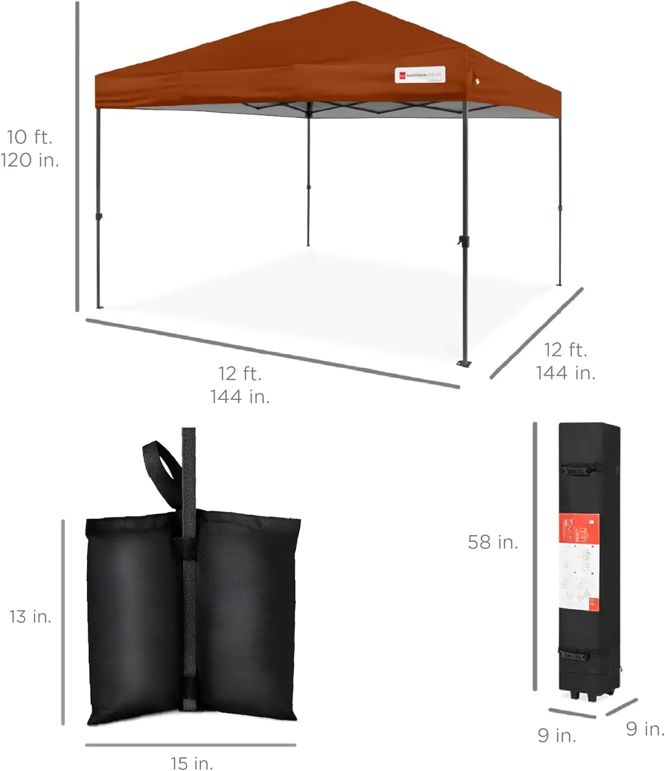 Best Choice Products 12x12ft 1-Person Setup Pop Up Canopy Tent Instant Portable Shelter w/ 1-Button Push, Case, 4 Weight Bags - Rust