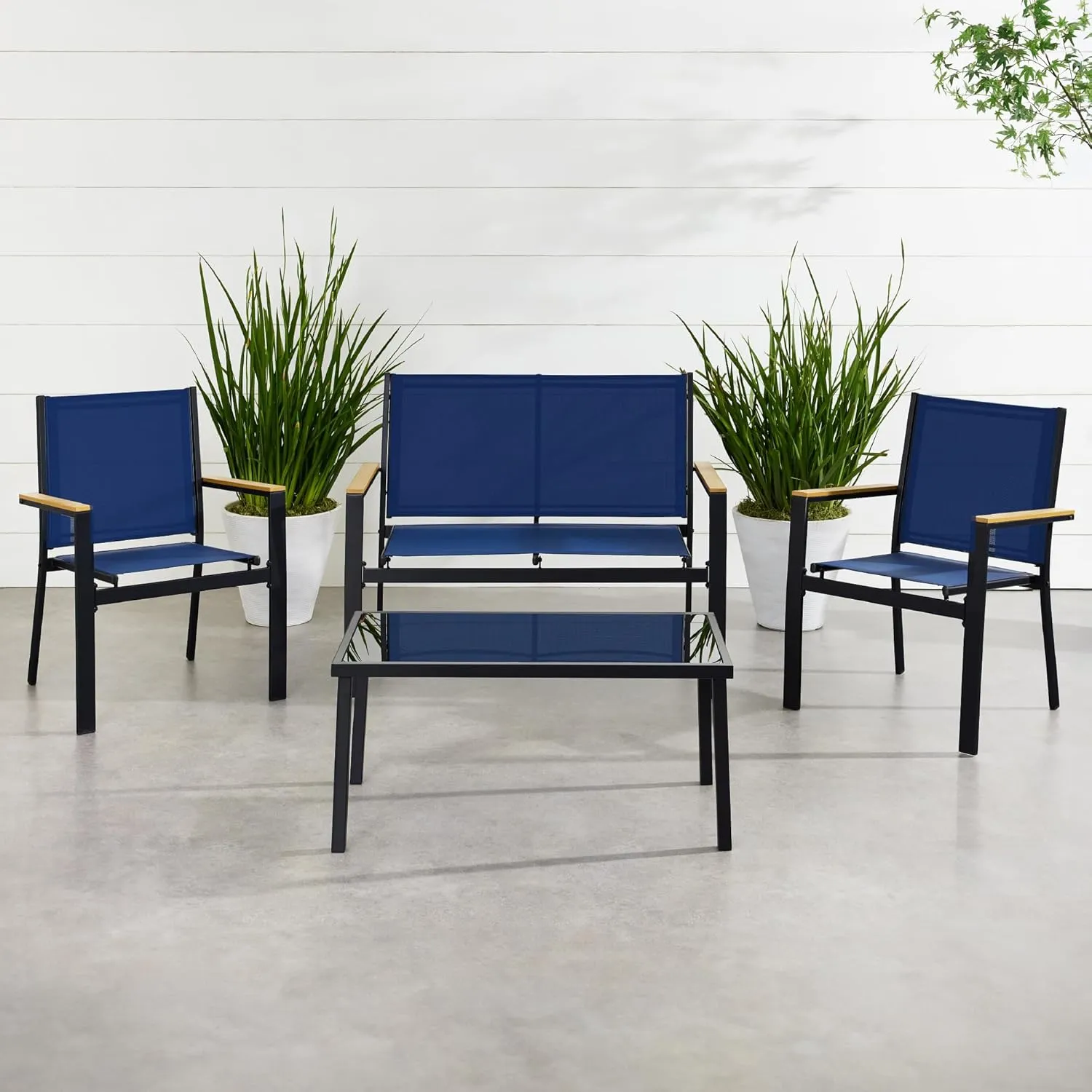 Best Choice Products 4-Piece Outdoor Textilene Patio Conversation Set, Backyard Furniture w/Loveseat, Coffee Table, Steel Frame - Black/Navy