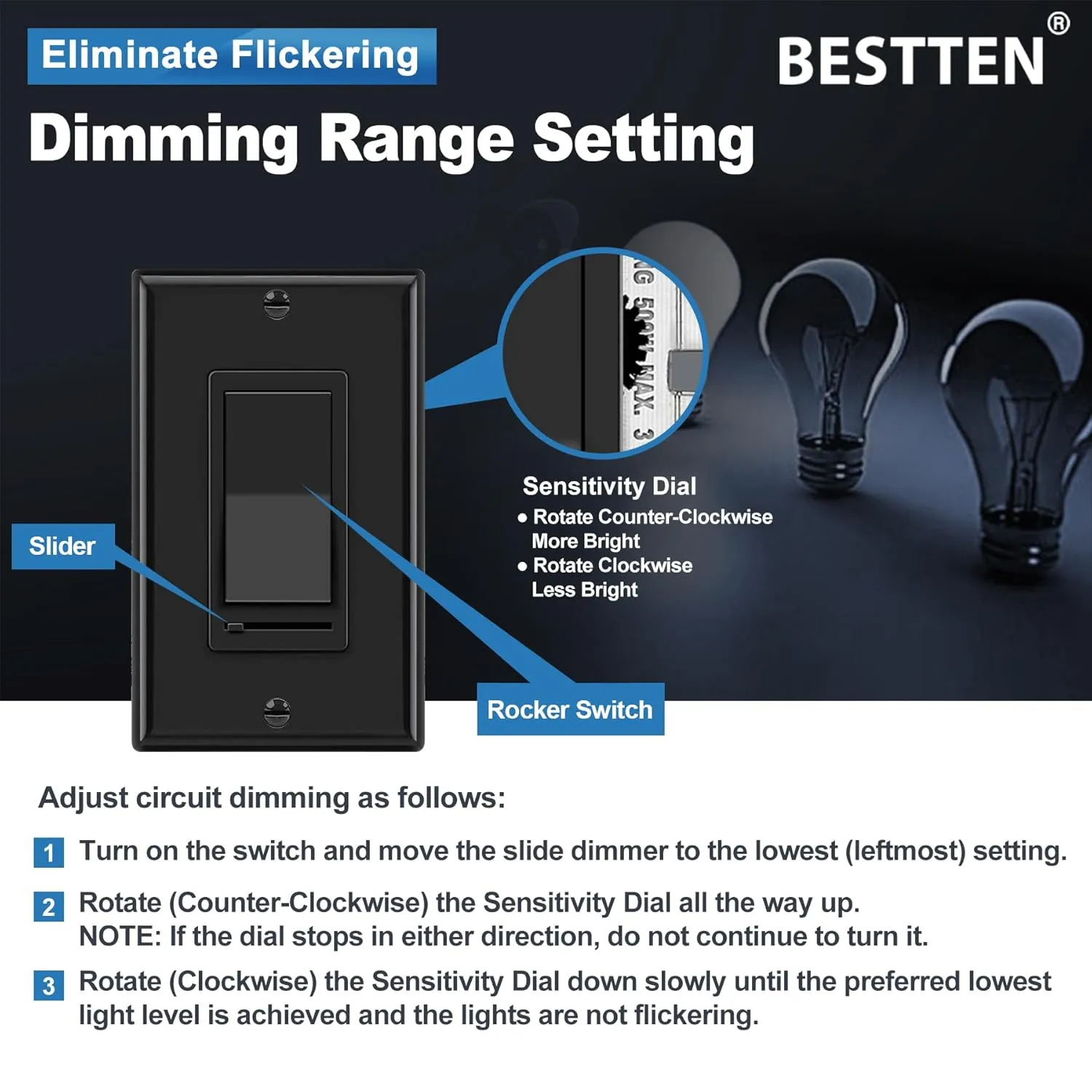 BESTTEN 6 Pack Dimmer Wall Light Switch, Compatible with Dimmable LED, CFL, Incandescent and Halogen Bulb, Single Pole or 3-Way Dimmer Switches, 120VAC, Decorator Wall Plate Included, Black