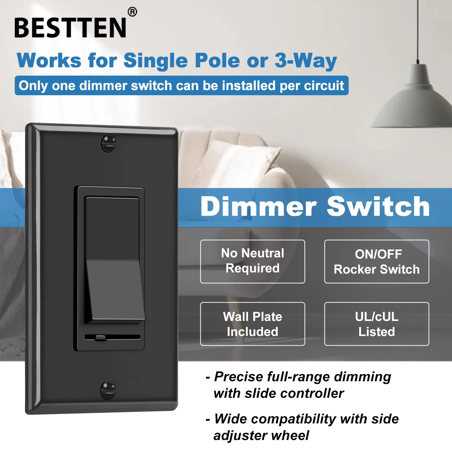 BESTTEN 6 Pack Dimmer Wall Light Switch, Compatible with Dimmable LED, CFL, Incandescent and Halogen Bulb, Single Pole or 3-Way Dimmer Switches, 120VAC, Decorator Wall Plate Included, Black