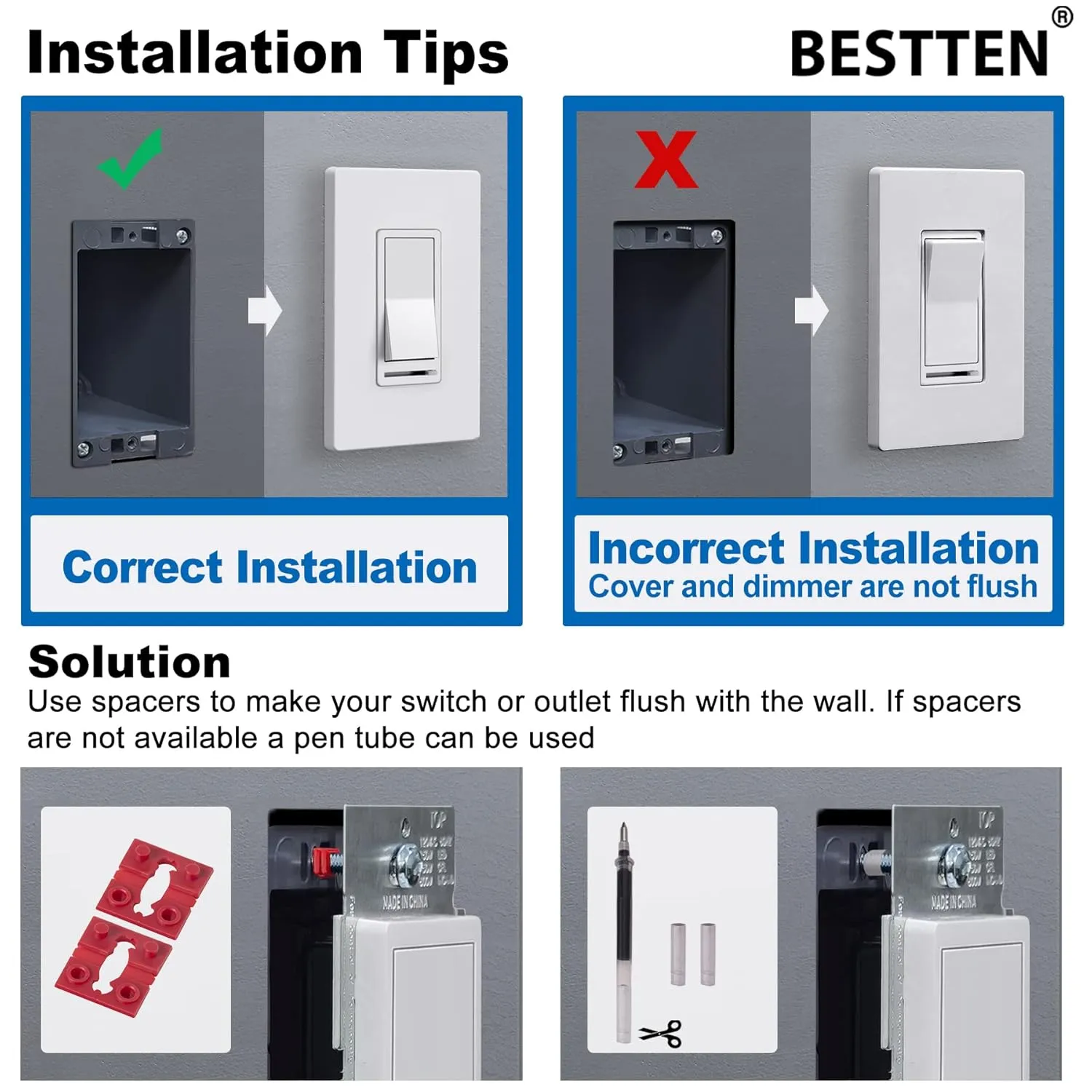 BESTTEN 6 Pack Dimmer Wall Light Switch, Compatible with Dimmable LED, CFL, Incandescent and Halogen Bulb, Single Pole or 3-Way Dimmer Switches, 120VAC, Decorator Wall Plate Included, Black