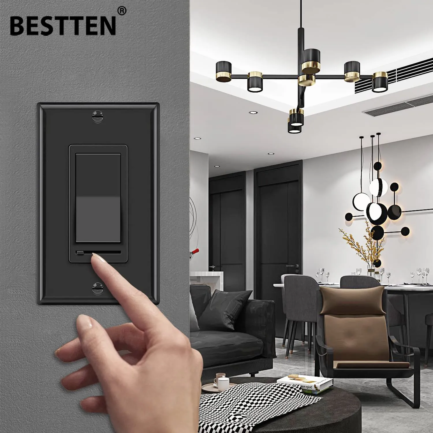BESTTEN 6 Pack Dimmer Wall Light Switch, Compatible with Dimmable LED, CFL, Incandescent and Halogen Bulb, Single Pole or 3-Way Dimmer Switches, 120VAC, Decorator Wall Plate Included, Black