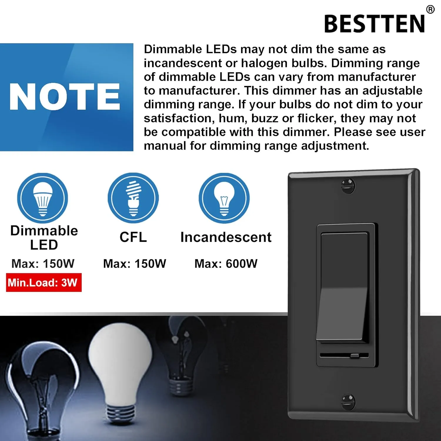 BESTTEN 6 Pack Dimmer Wall Light Switch, Compatible with Dimmable LED, CFL, Incandescent and Halogen Bulb, Single Pole or 3-Way Dimmer Switches, 120VAC, Decorator Wall Plate Included, Black