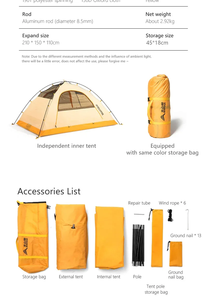 BISINNA 4 Season Camping Tent With Snow Skirt 2 Person Double Layer Aluminum Pole Tent for Outdoor Backpack Picnic Hiking