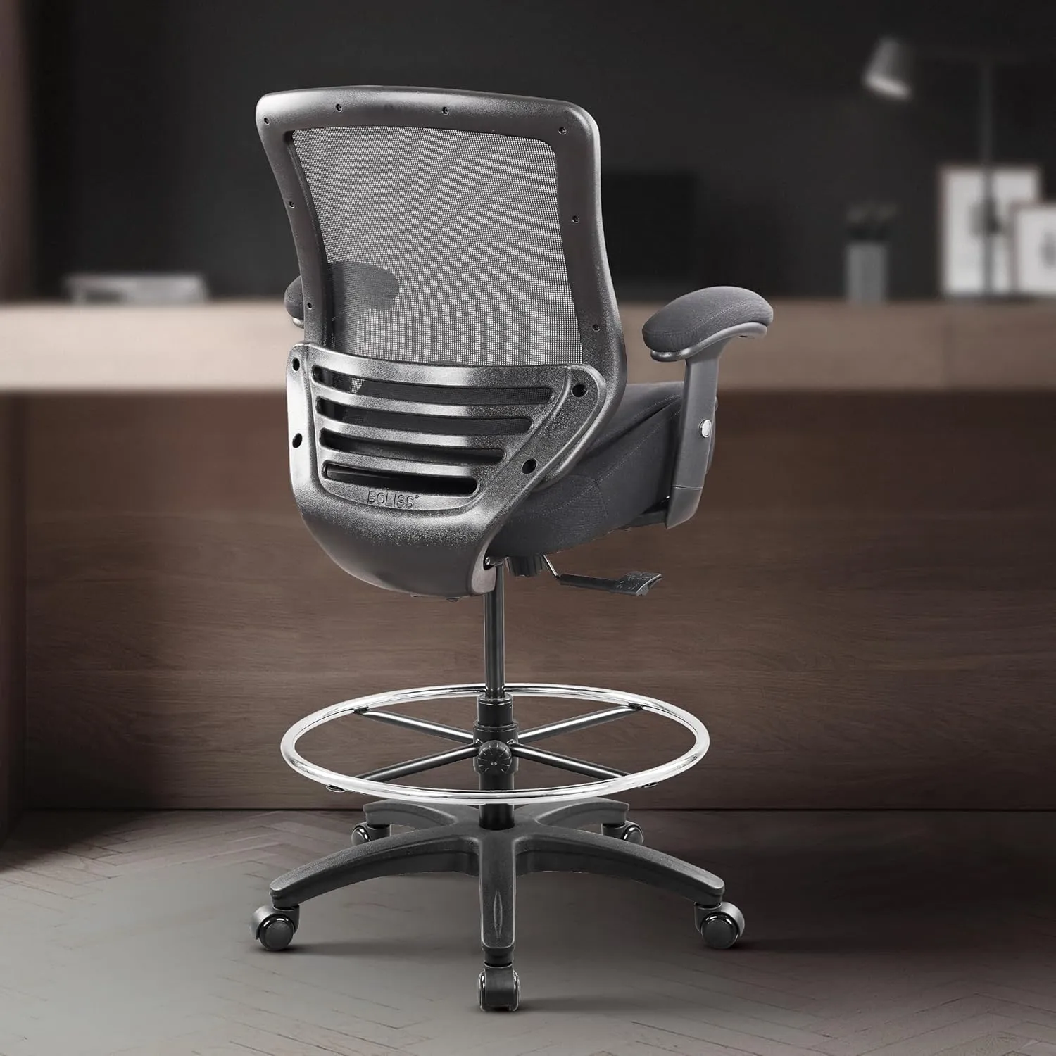 BOLISS 400lbs Mid Back Mesh Ergonomic Drafting Chair Big Adjustable Foot Ring Height Adjustable Armrest (Black) ﻿