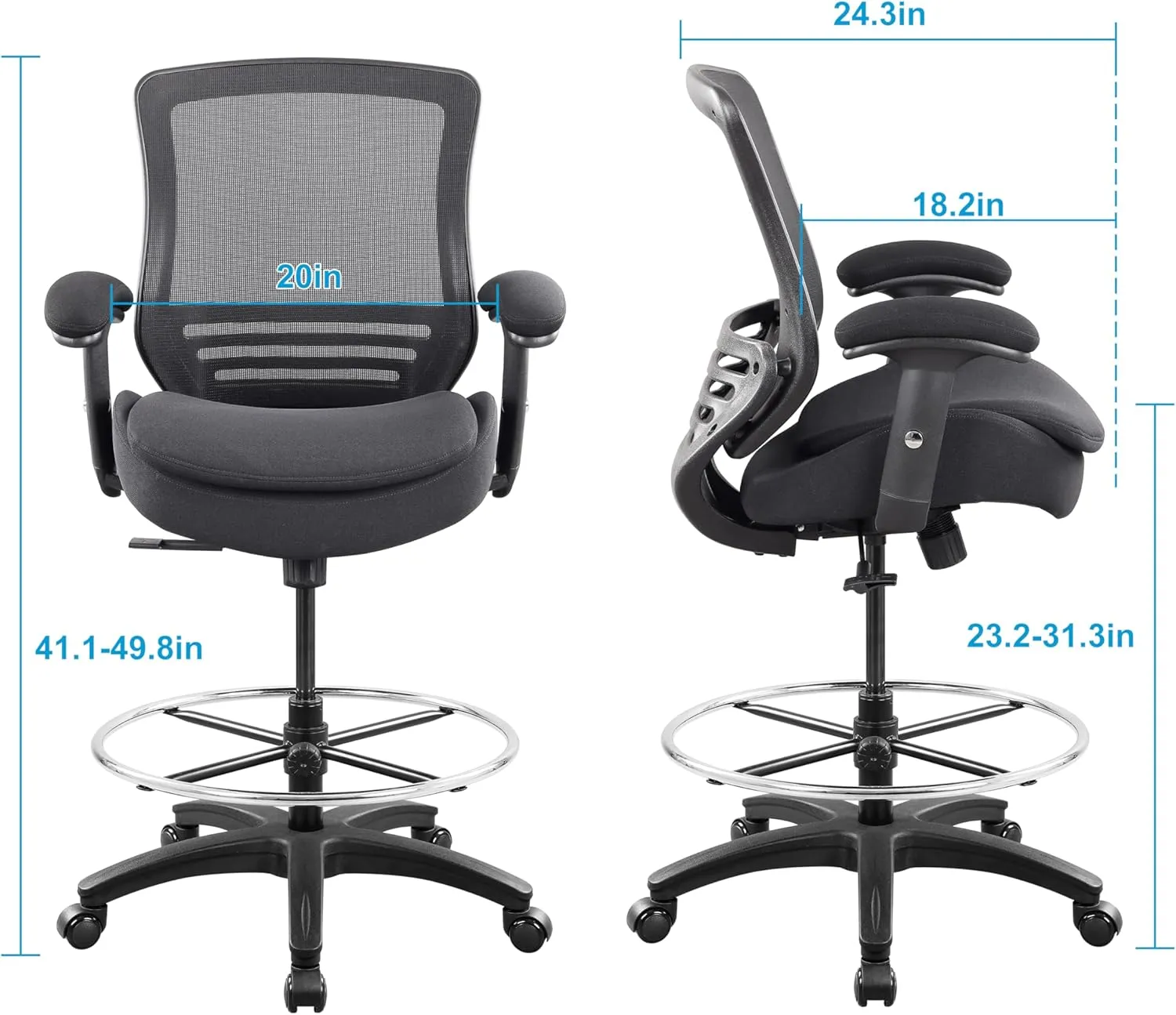BOLISS 400lbs Mid Back Mesh Ergonomic Drafting Chair Big Adjustable Foot Ring Height Adjustable Armrest (Black) ﻿