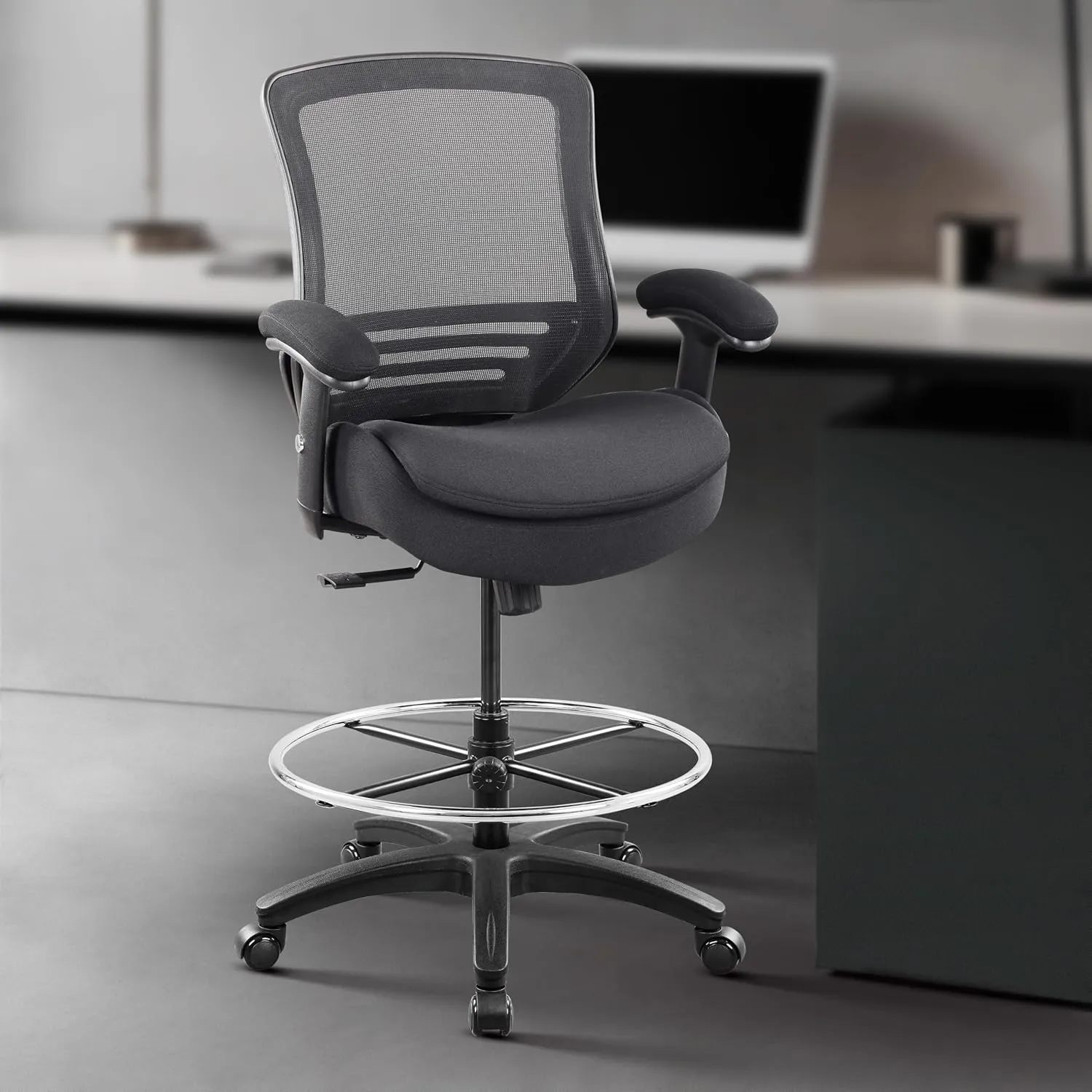 BOLISS 400lbs Mid Back Mesh Ergonomic Drafting Chair Big Adjustable Foot Ring Height Adjustable Armrest (Black) ﻿