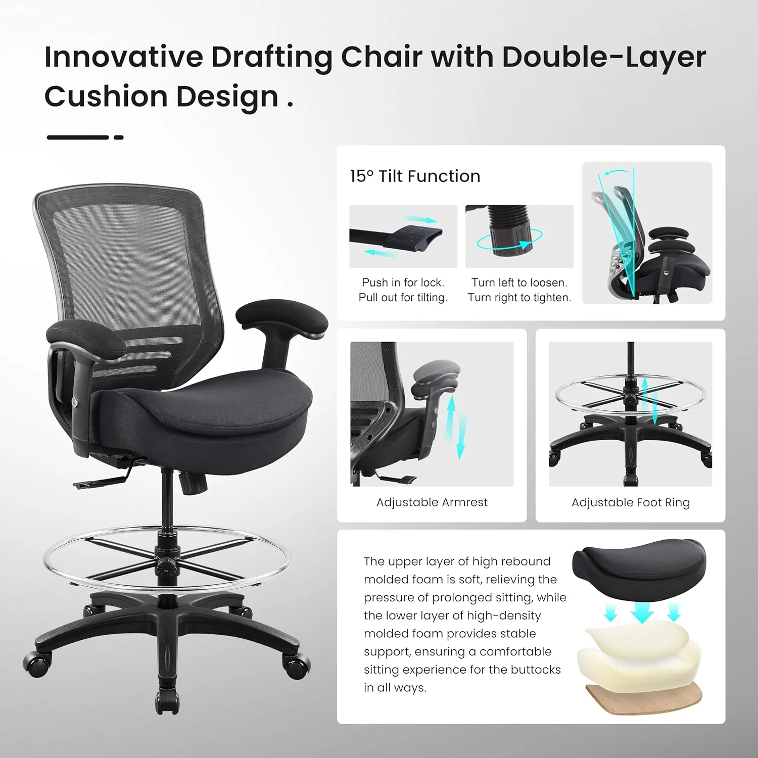 BOLISS 400lbs Mid Back Mesh Ergonomic Drafting Chair Big Adjustable Foot Ring Height Adjustable Armrest (Black) ﻿