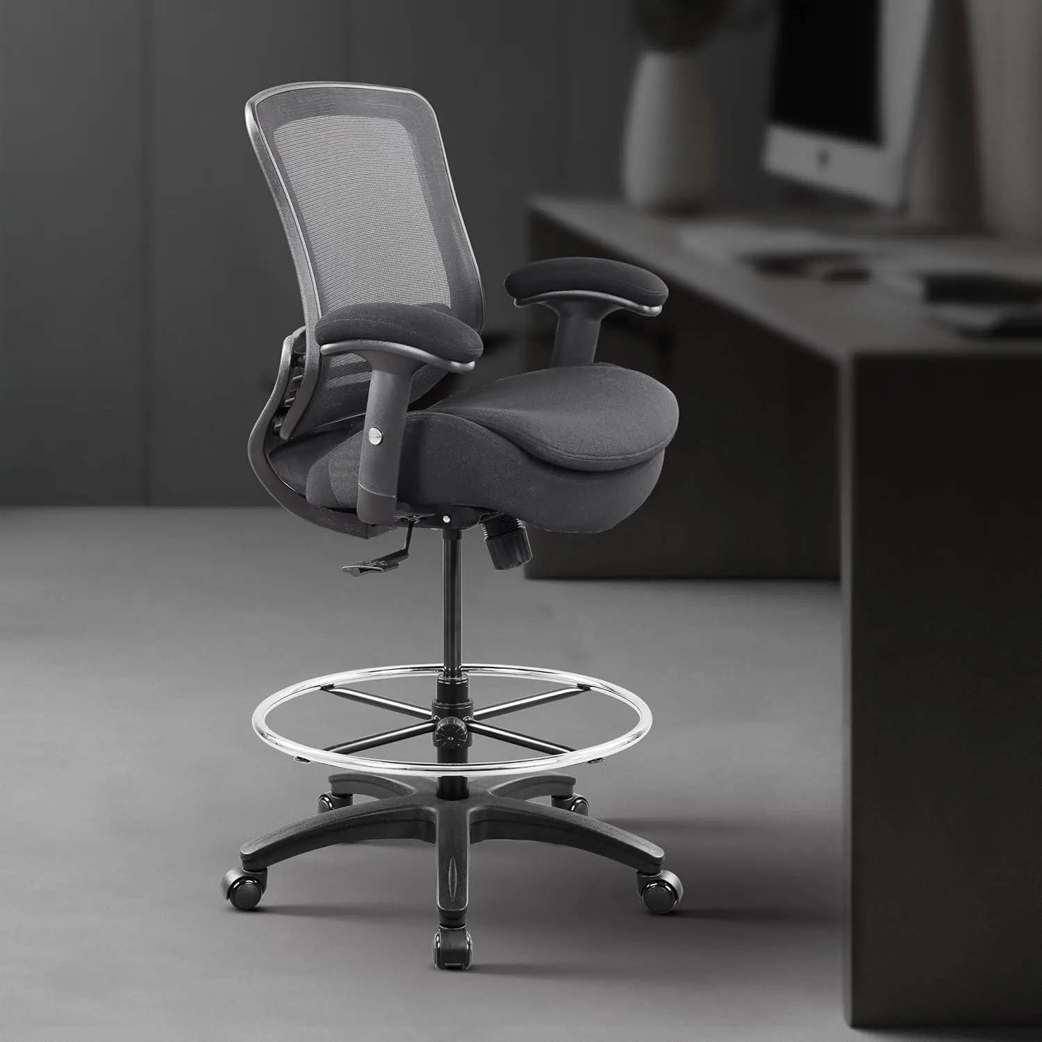 BOLISS 400lbs Mid Back Mesh Ergonomic Drafting Chair Big Adjustable Foot Ring Height Adjustable Armrest (Black) ﻿