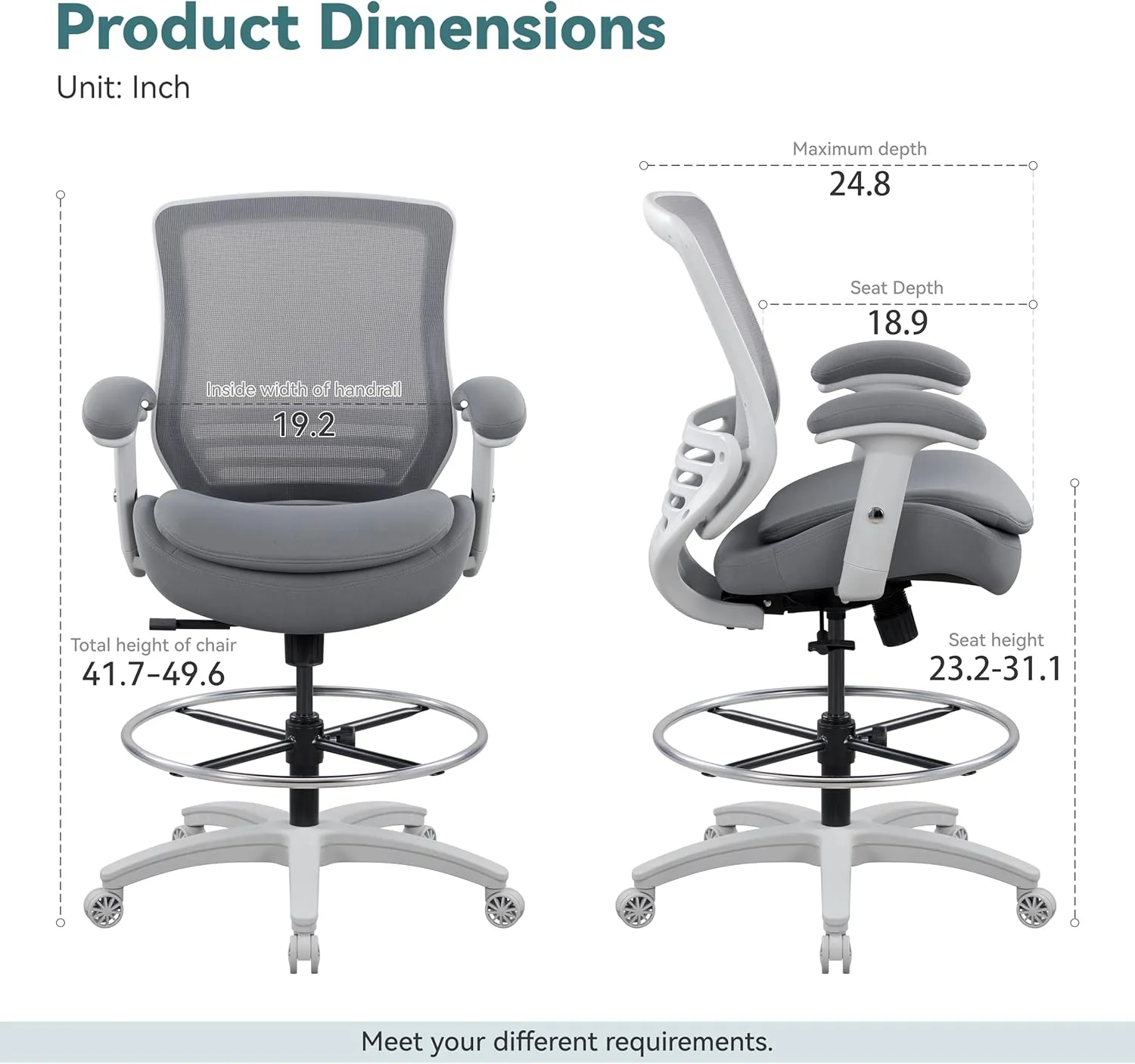 BOLISS 400lbs Mid Back Mesh Ergonomic Office Drafting Chair Big Adjustable Foot Ring Height Adjustable Armrest (Grey)