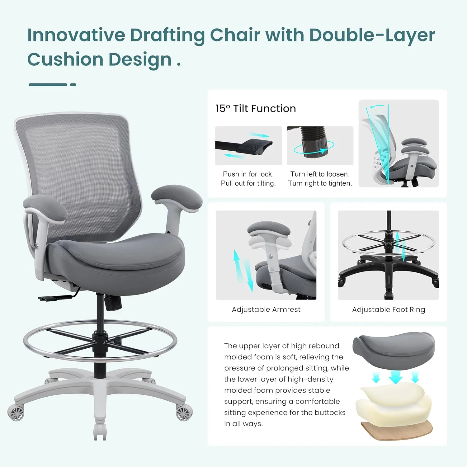 BOLISS 400lbs Mid Back Mesh Ergonomic Office Drafting Chair Big Adjustable Foot Ring Height Adjustable Armrest (Grey)