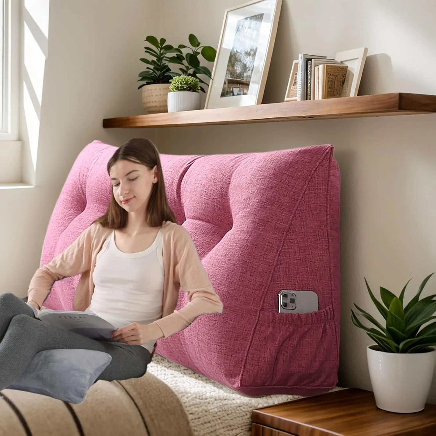 Bolster Headboard Pillow, Triangular Wedge Pillow Headboard Positioning Support While Reading And Resting, Reading Pillow for Sitting with Removable Cover,B-Twin