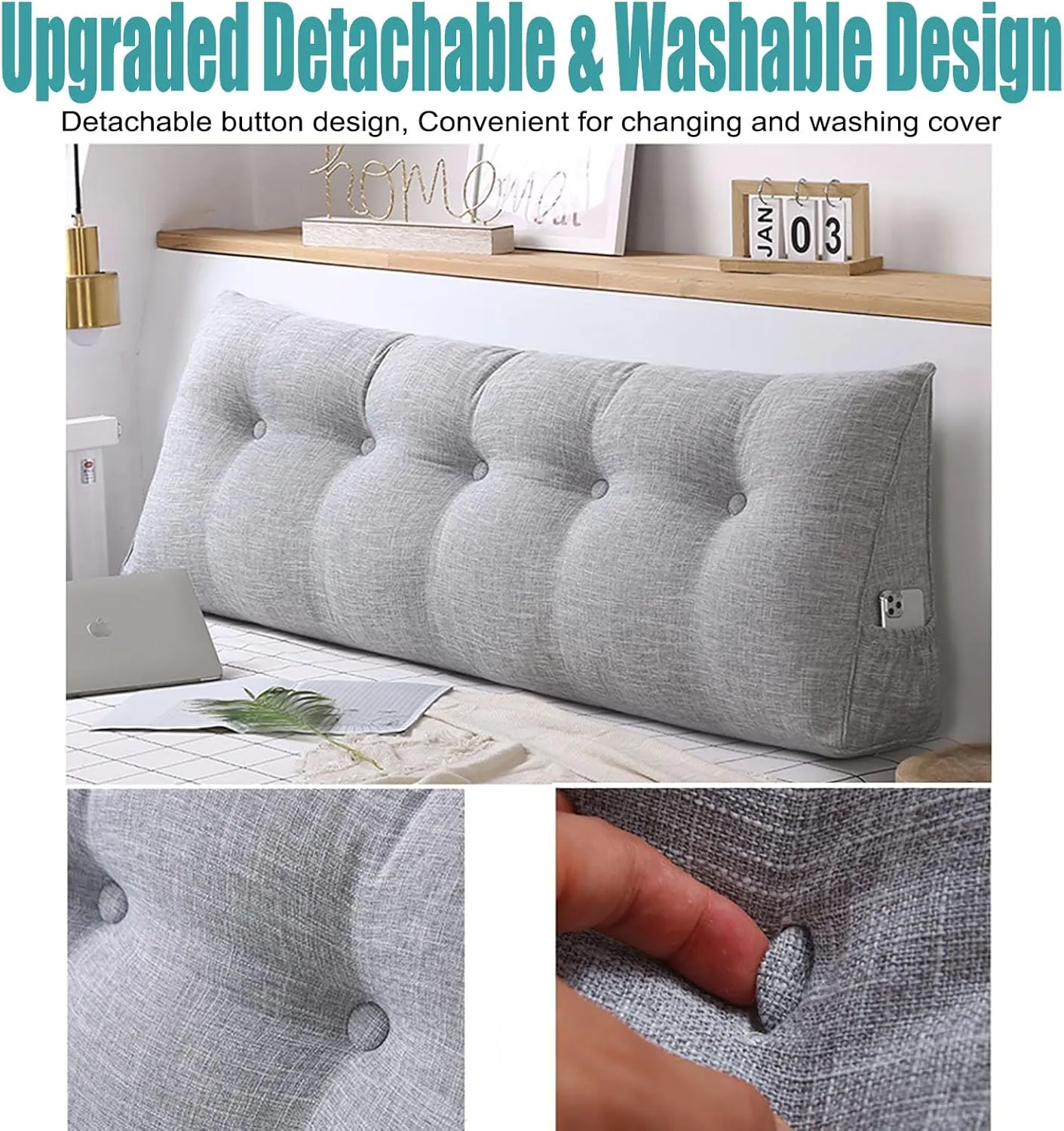 Bolster Headboard Pillow, Triangular Wedge Pillow Headboard Positioning Support While Reading And Resting, Reading Pillow for Sitting with Removable Cover,B-Twin