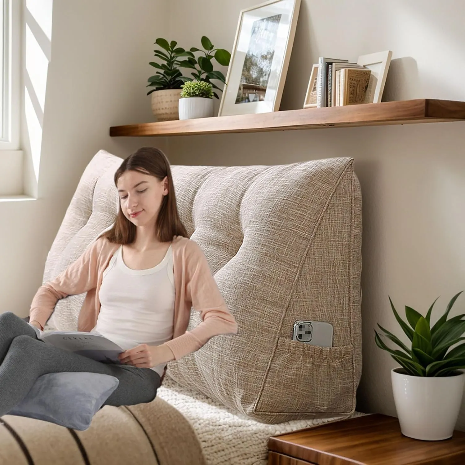 Bolster Headboard Pillow, Triangular Wedge Pillow Headboard Positioning Support While Reading And Resting, Reading Pillow for Sitting with Removable Cover,C-Twin
