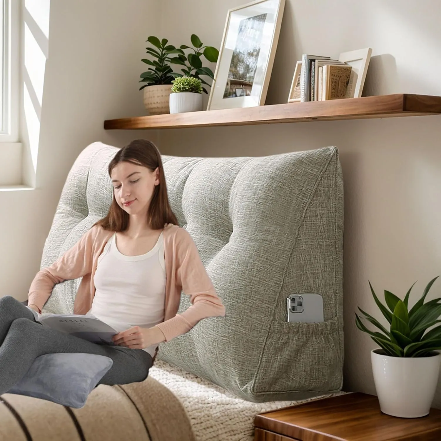 Bolster Headboard Pillow, Triangular Wedge Pillow Headboard Positioning Support While Reading And Resting, Reading Pillow for Sitting with Removable Cover,D-Twin