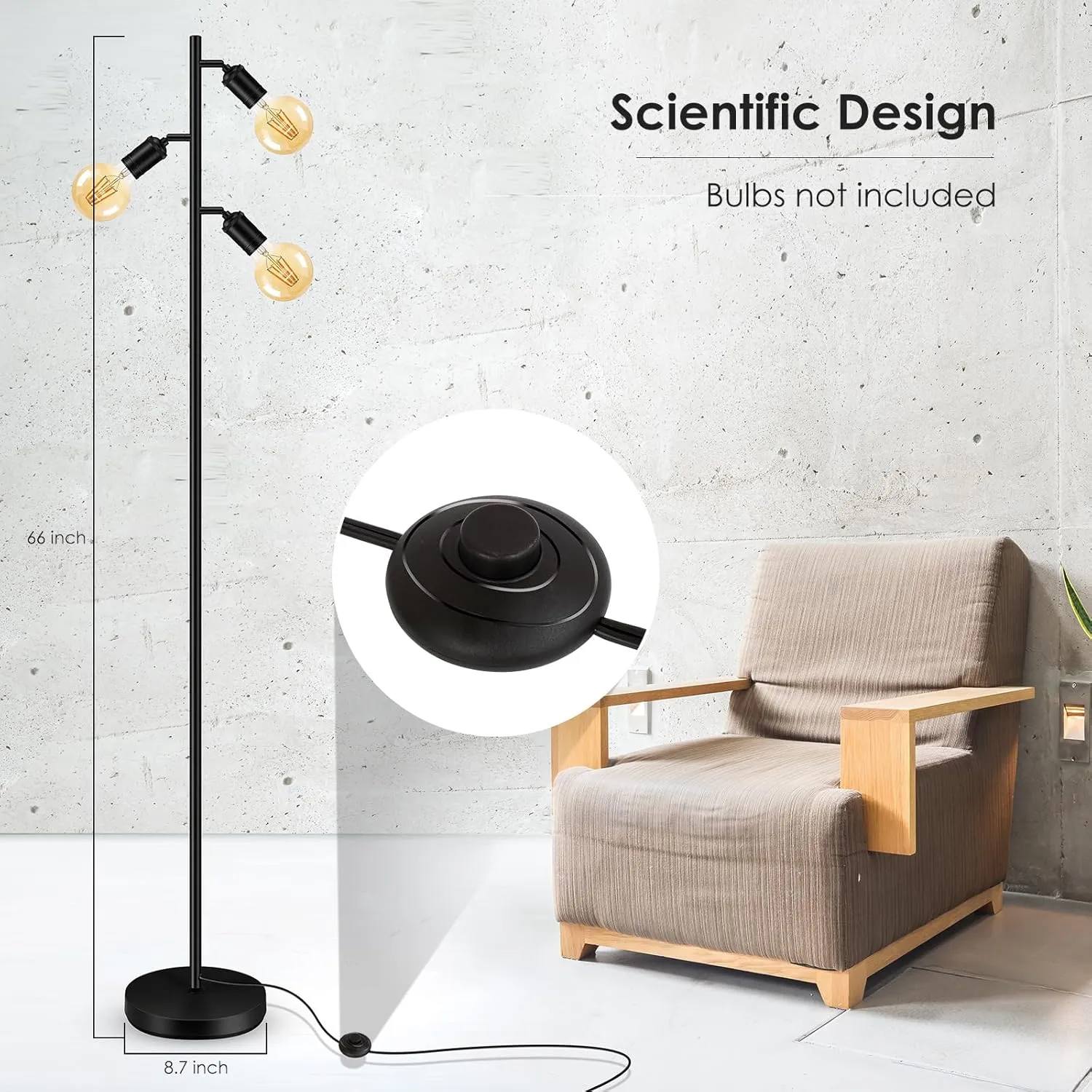 BoostArea Floor Lamp, Industrial Floor Lamp, Modern Tree Standing Lamp with Adjustable 3 Light, E26 Socket, Foot Switch, Minimalist Metal Stand Up Lamp Pole Lamps for Living Room, Bedroom (No Bulbs)