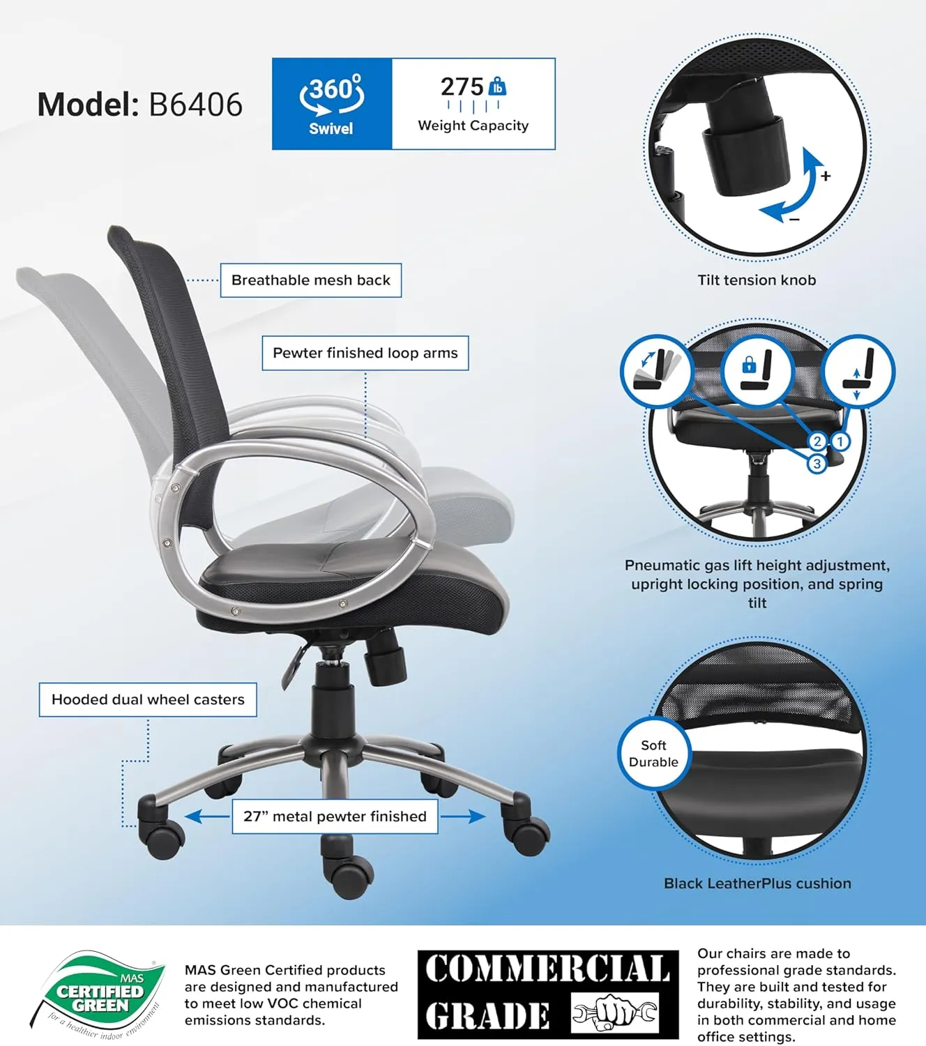 Boss Office Products Mesh Back Task Chair with Pewter Finish in Black