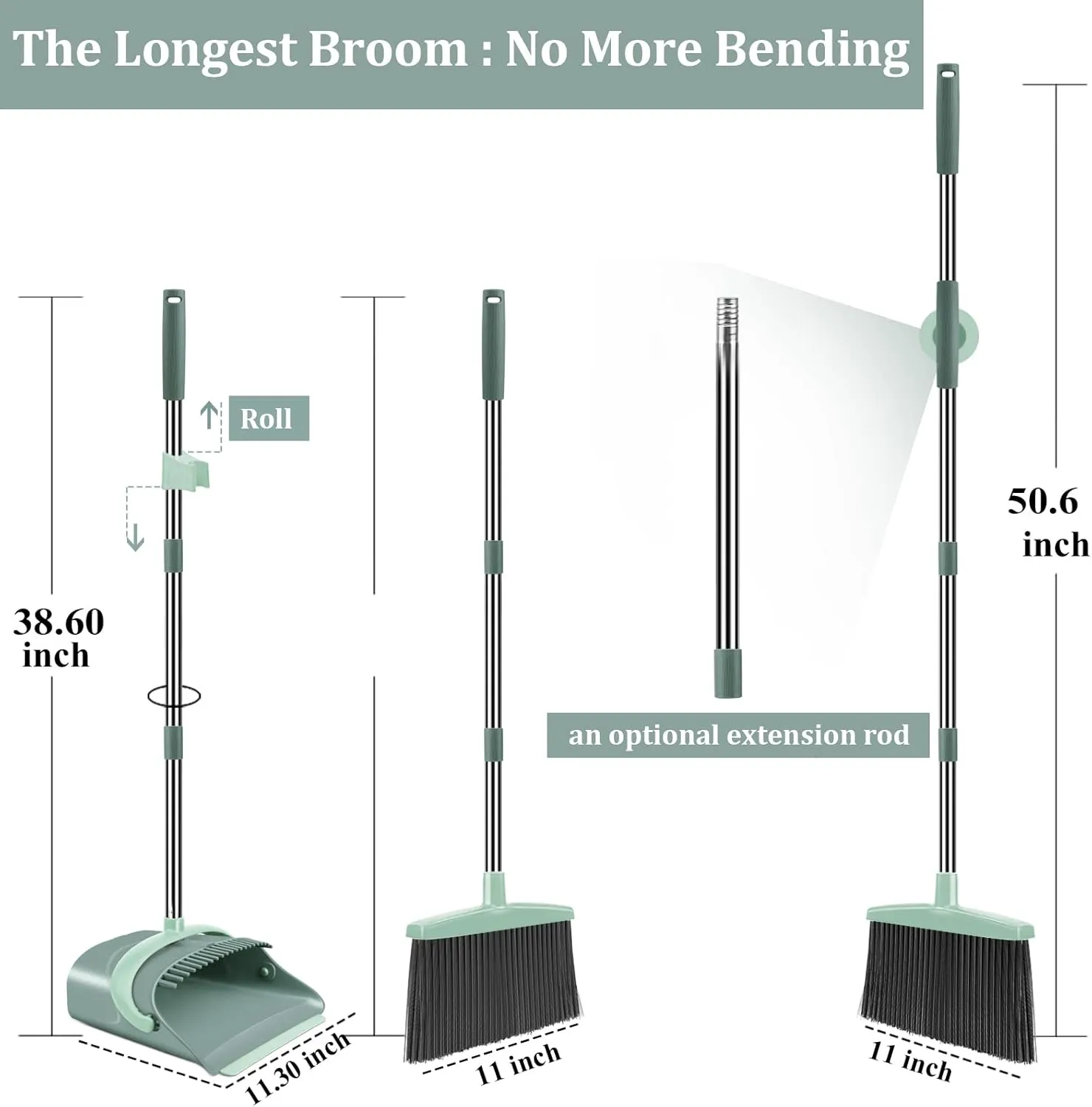 Broom and Dustpan Set for Home, Dust pan with Long Handle, Broom with Dustpan Combo Set, for Home Kitchen Room Office Lobby Floor Use Upright Stand Up Sweeping (Gray&Green)