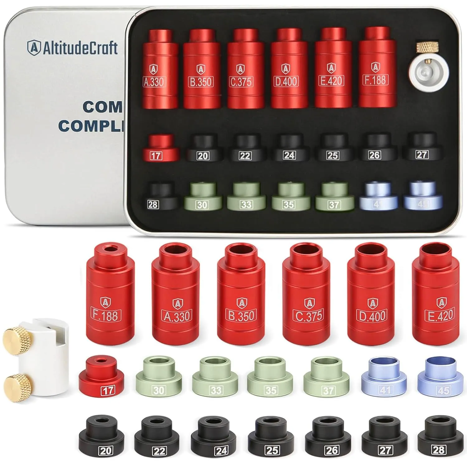Bullet and Headspace Gauge Comparator Kit with 14 Inserts and 6 Bushings, Reloading Supplies and Equipment and Ammo Reloading Tool with Tin Box, Anodized Aluminum