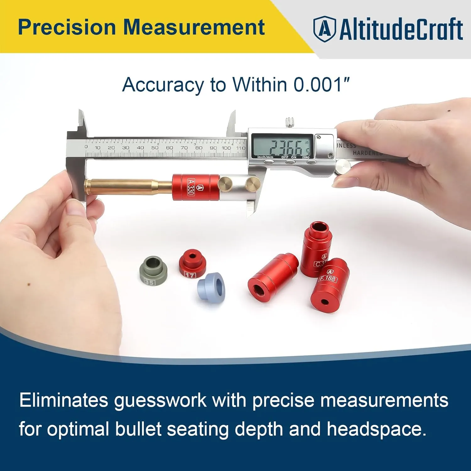 Bullet and Headspace Gauge Comparator Kit with 14 Inserts and 6 Bushings, Reloading Supplies and Equipment and Ammo Reloading Tool with Tin Box, Anodized Aluminum