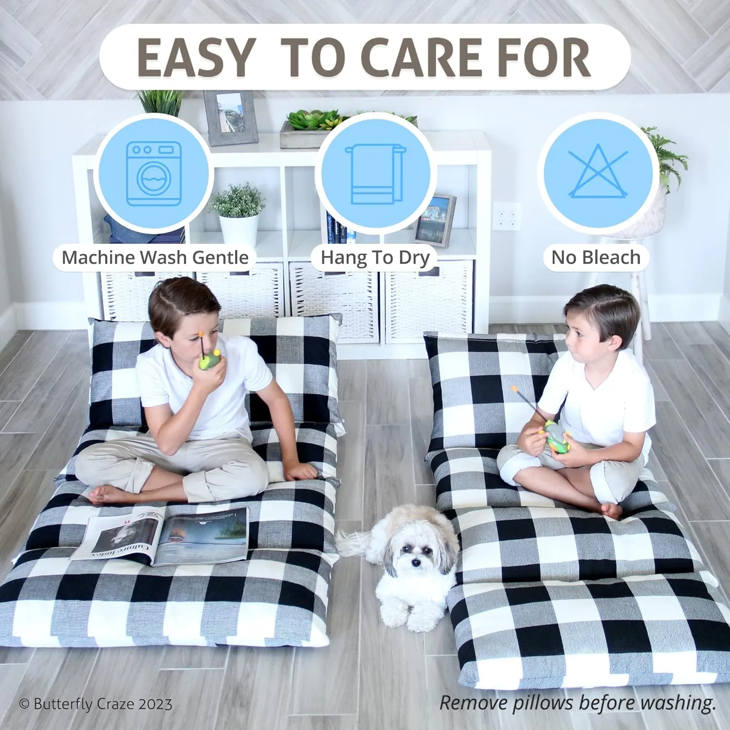 Butterfly Craze Floor Pillow Case, Mattress Bed Lounger Cover, Black/White, King Size - Cozy Seating Solution for Kids & Adults, Recliner Cushion, Perfect for Reading, TV Time (Pillow Not Included)