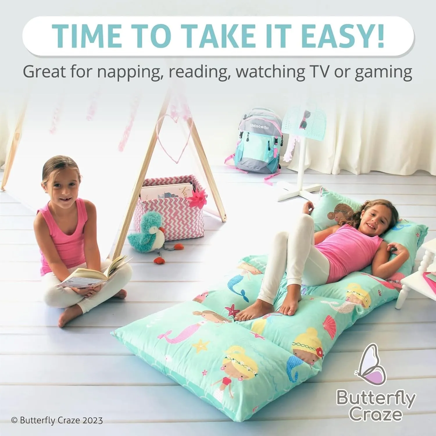 Butterfly Craze Floor Pillow Case, Mattress Bed Lounger Cover, Mermaid Aqua, King Size - Cozy Seating Solution for Kids & Adults, Recliner Cushion, for Reading, TV Time (Pillow Not Included)