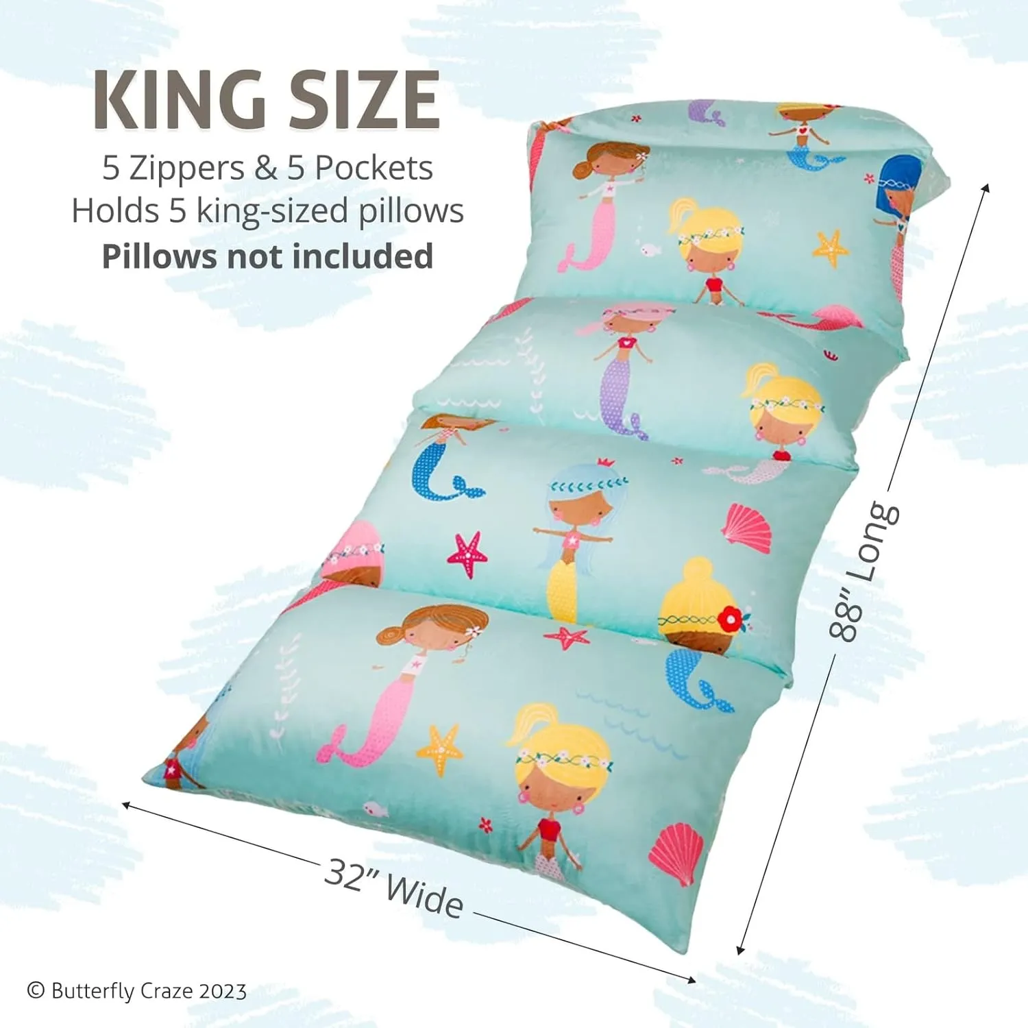 Butterfly Craze Floor Pillow Case, Mattress Bed Lounger Cover, Mermaid Aqua, King Size - Cozy Seating Solution for Kids & Adults, Recliner Cushion, for Reading, TV Time (Pillow Not Included)